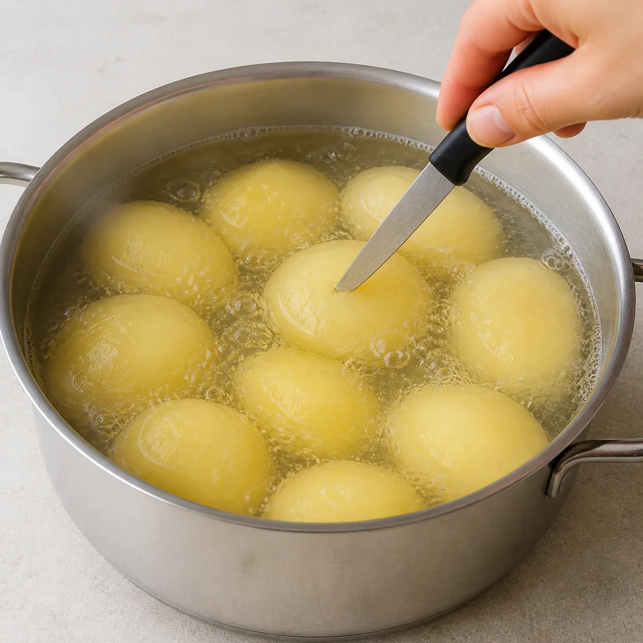 Pommes de terre entières pelées qui frémissent dans une grande casserole d’eau.