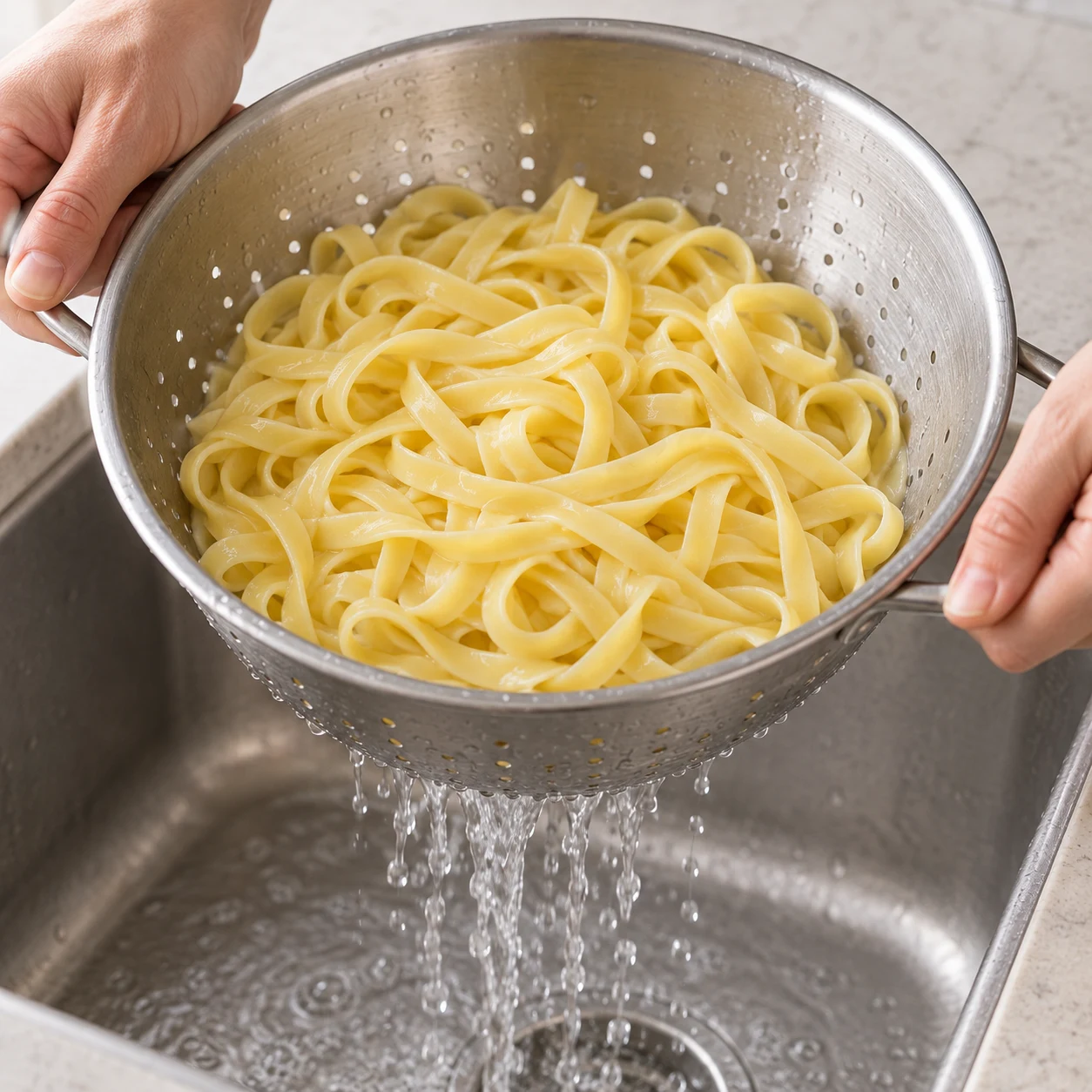 Tagliatelles cuites dans une passoire, eau s’écoulant.