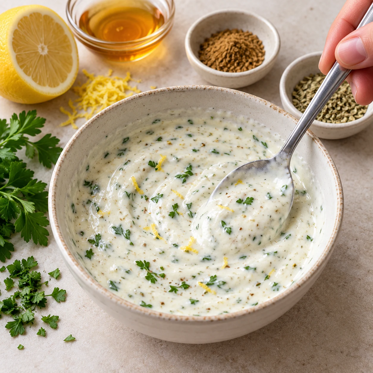 Bol de sauce blanche épaisse au skyr végétal, mouchetée de persil haché, de zeste de citron et d’épices, une cuillère dedans.