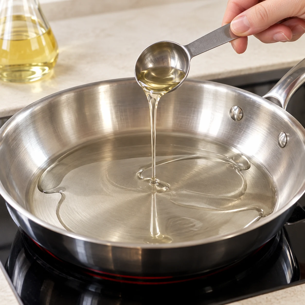 Verse la cuillère à soupe d’huile de tournesol dans une poêle chaude. Résultat attendu : L’huile couvre le fond de la poêle en fine pellicule.