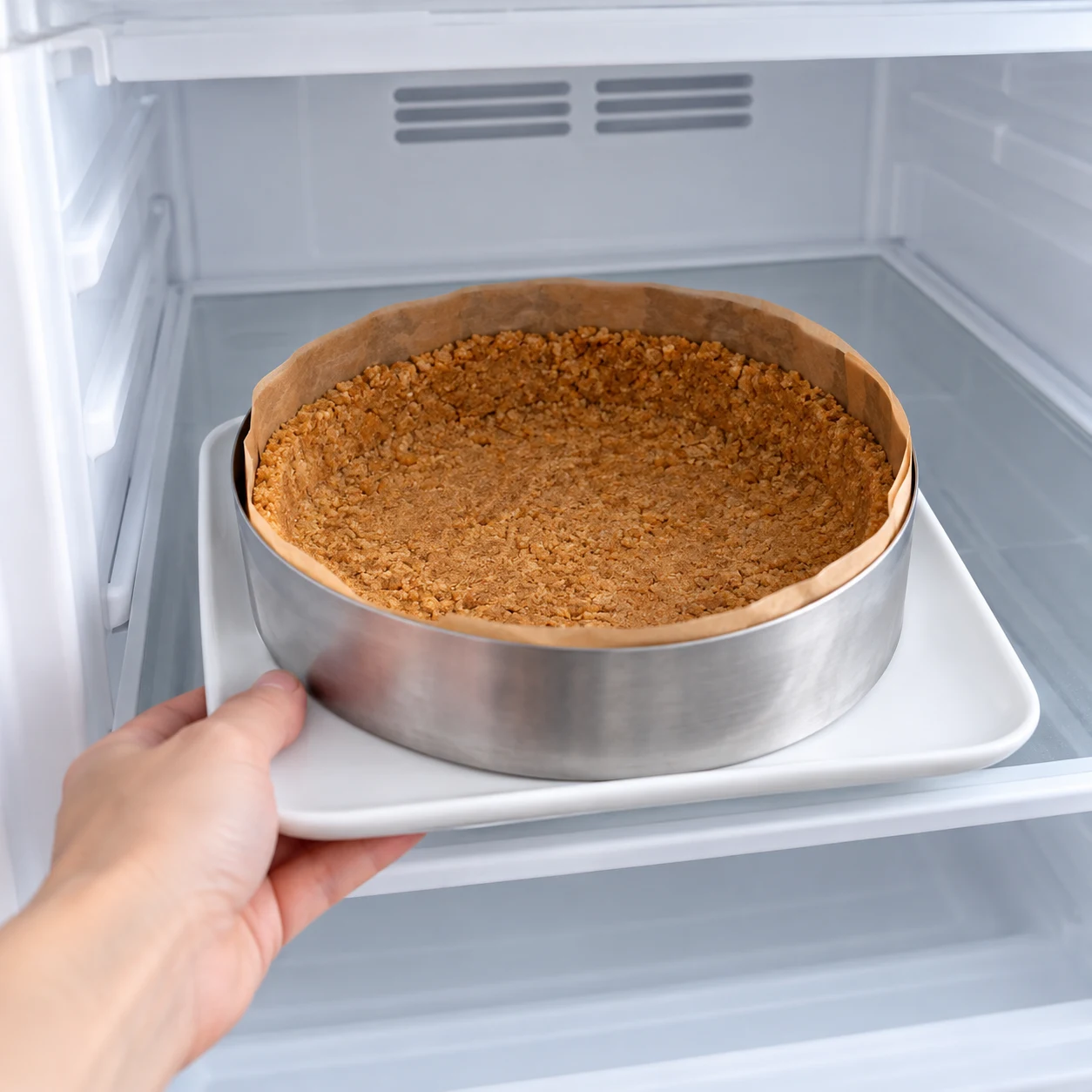 Place le fond de tarte au congélateur pendant la préparation de la ganache. Résultat à montrer : Le fond est froid et reste compact sous une légère pression.