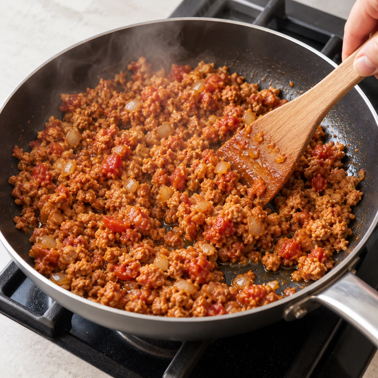 Haché de soja brun rouge cuisiné aux oignons et tomate dans une poêle, remué à la spatule, léger film huile olive. Aucun bloc de tofu.