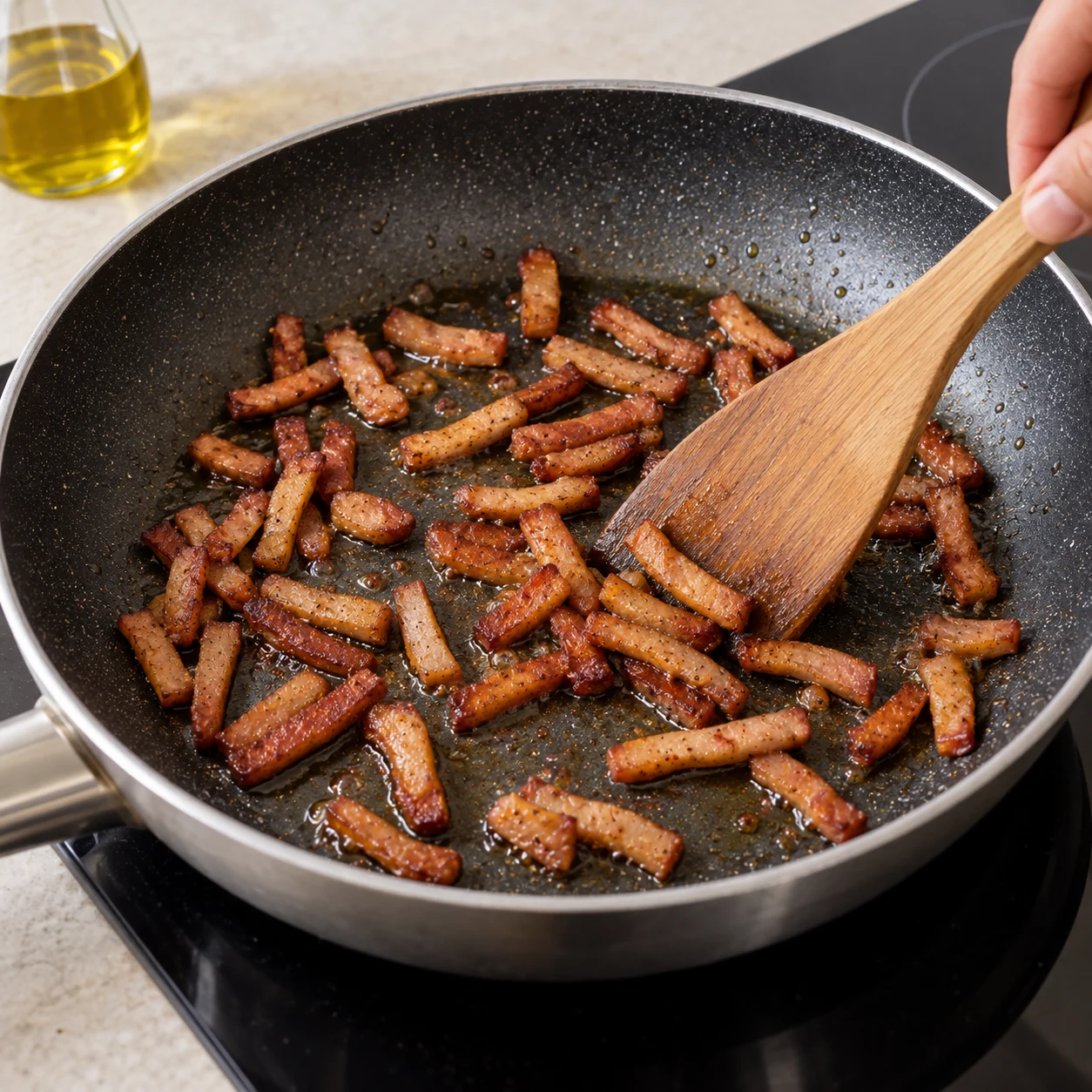 Petites lamelles allongées de lardons végétaux fumés brun rosé, jamais cubes ; Petits lardons végétaux fumés dorant dans une poêle avec un peu d’huile.