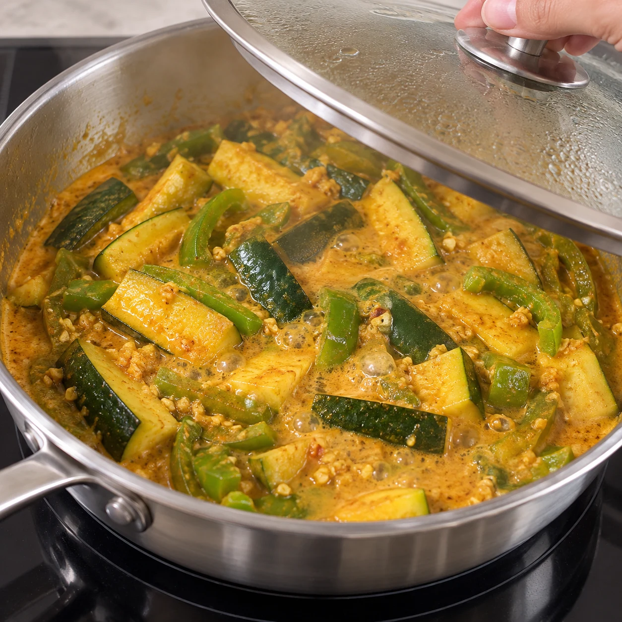 Poêle à bords hauts avec couvercle entrouvert, légumes tendres dans une sauce curry coco.