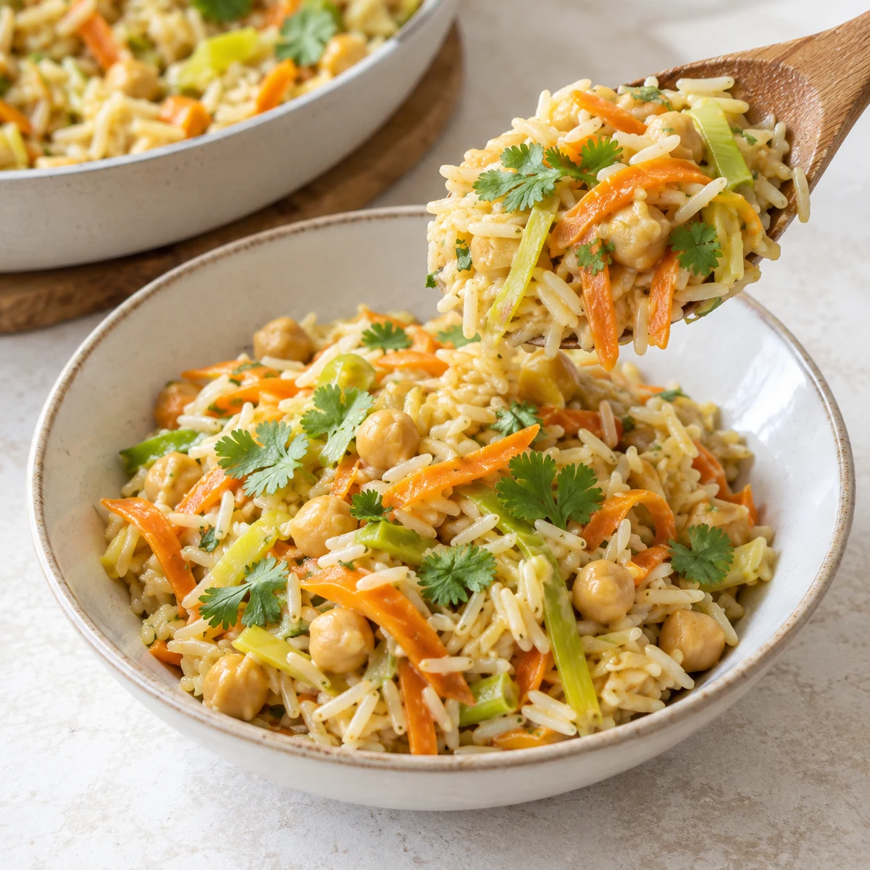 Servir avec la coriandre fraîche. Le riz est servi avec les pois chiches et les légumes bien répartis.