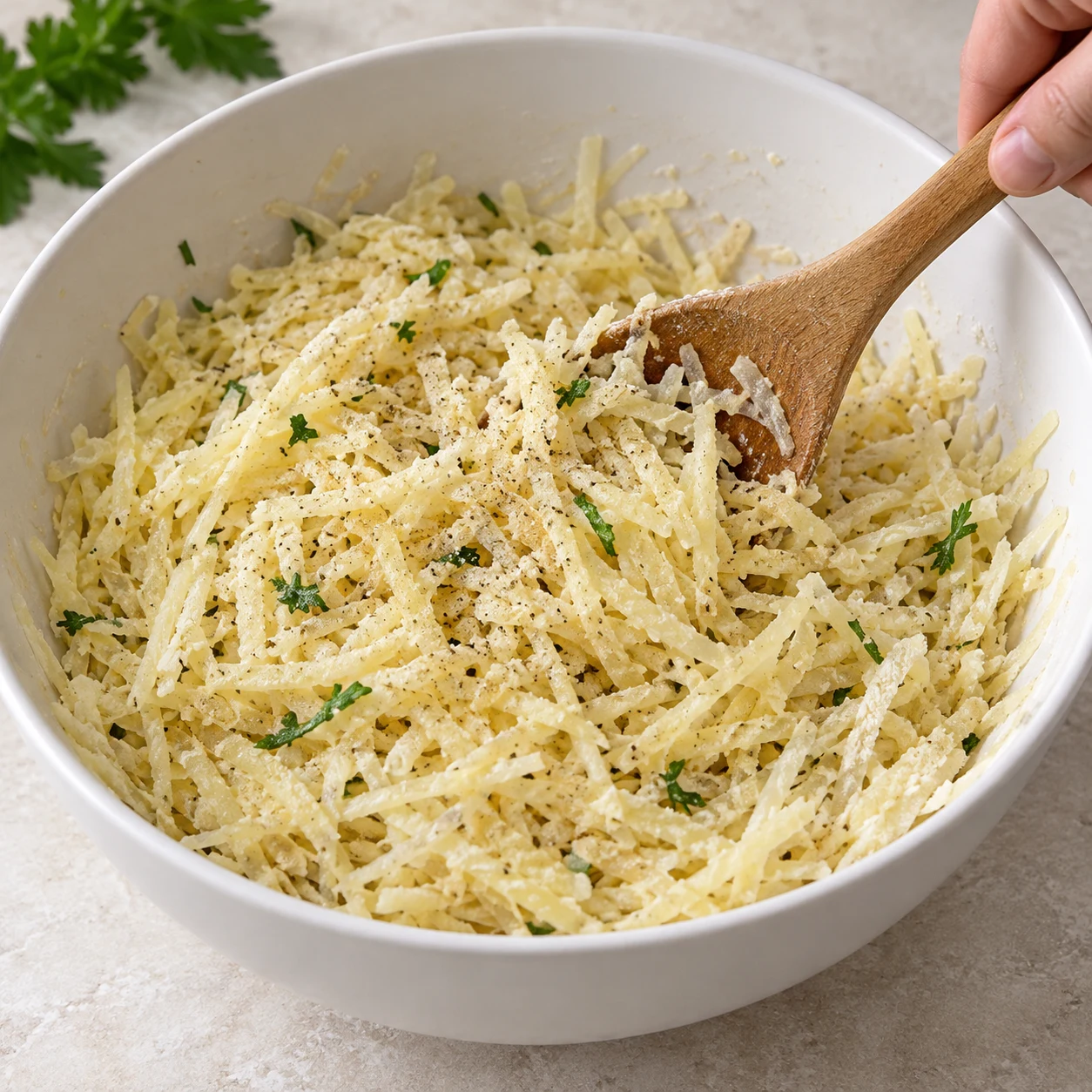 Cuillère mélangeant des filaments crus bien essorés avec farine et ail en poudre, très peu de persil frais, sel et poivre, sans liquide ajouté.