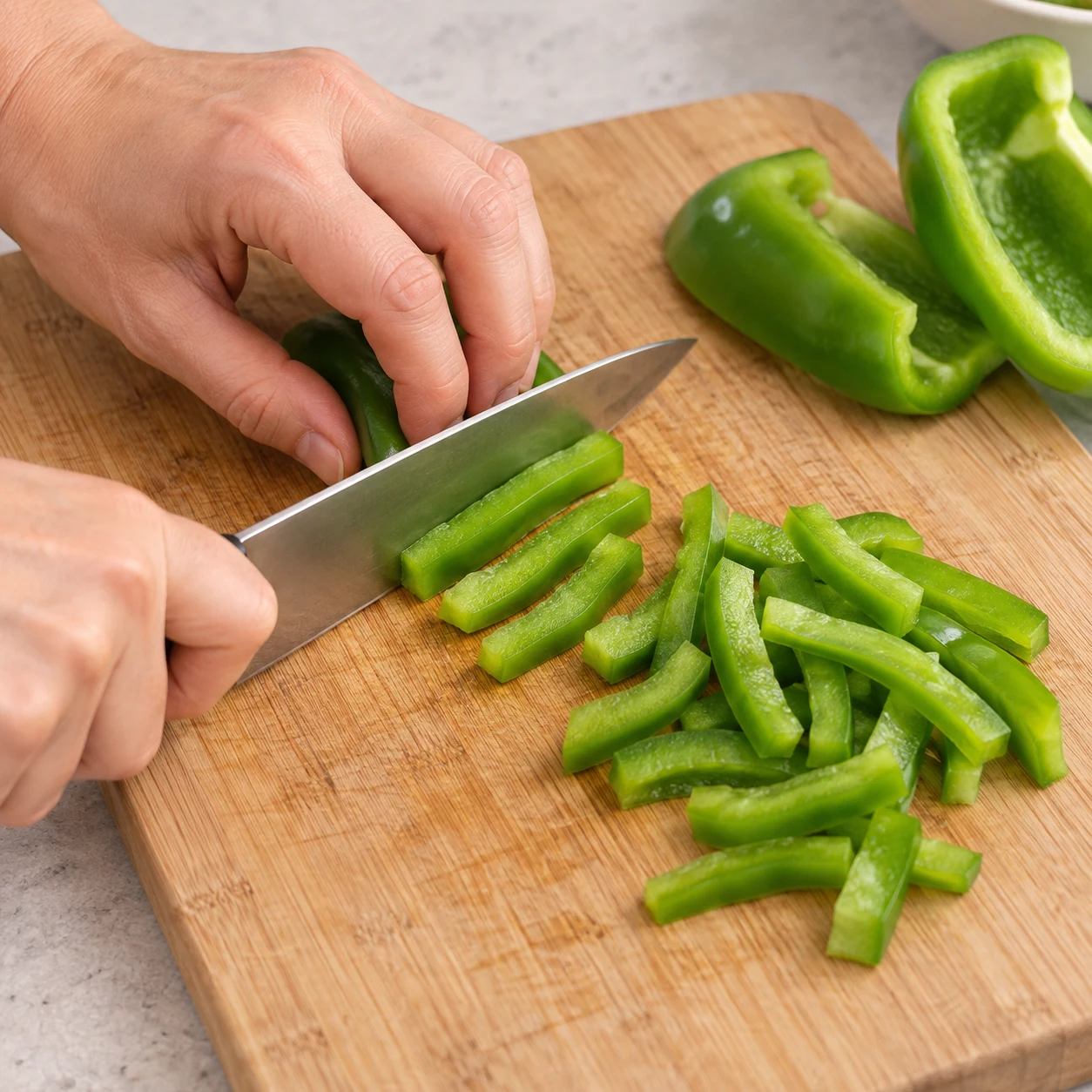 Poivron vert taillé en lanières courtes, découpe sûre.