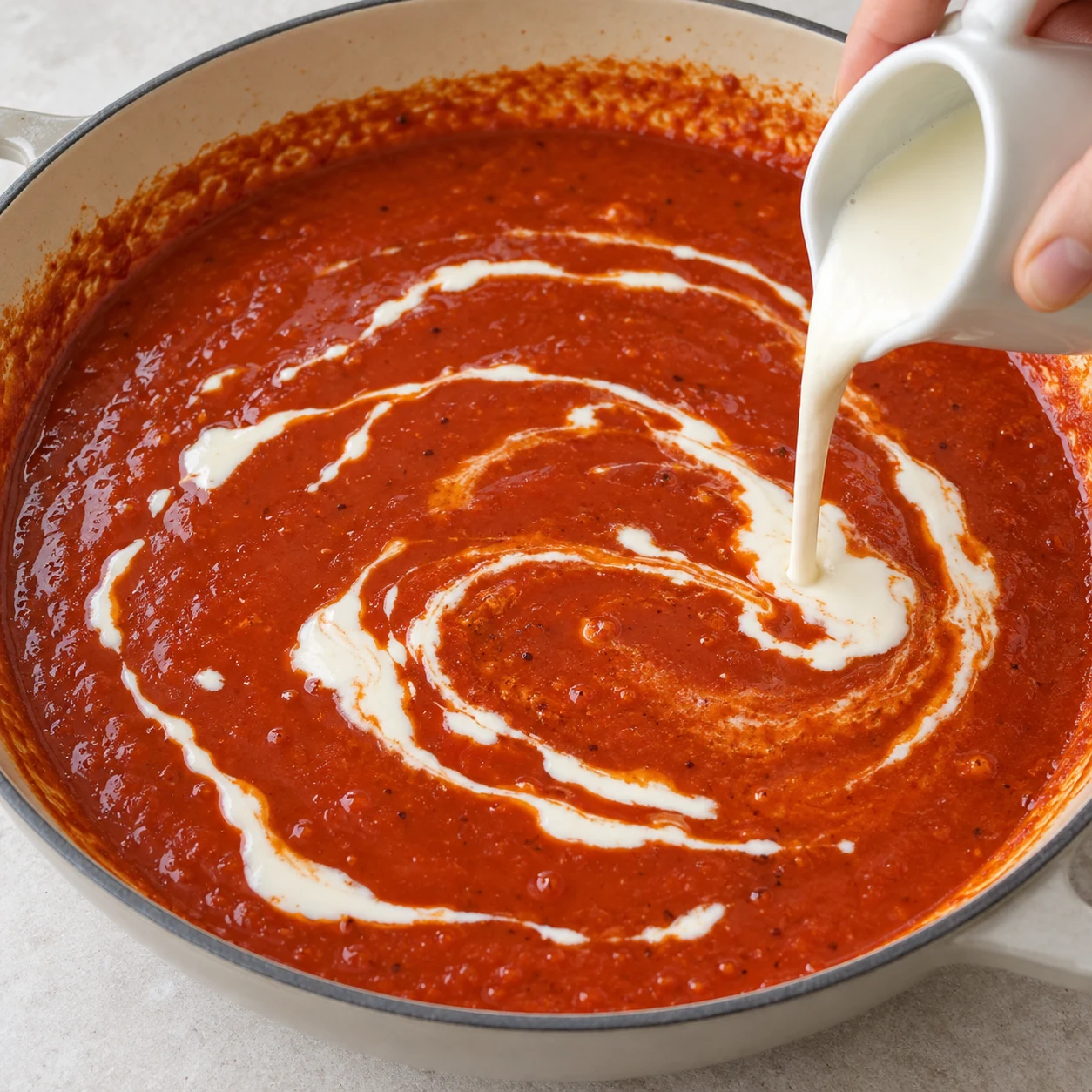 Verse les 100 ml de crème de soja cuisine dans la sauce. La crème forme des traînées claires dans la sauce rouge.