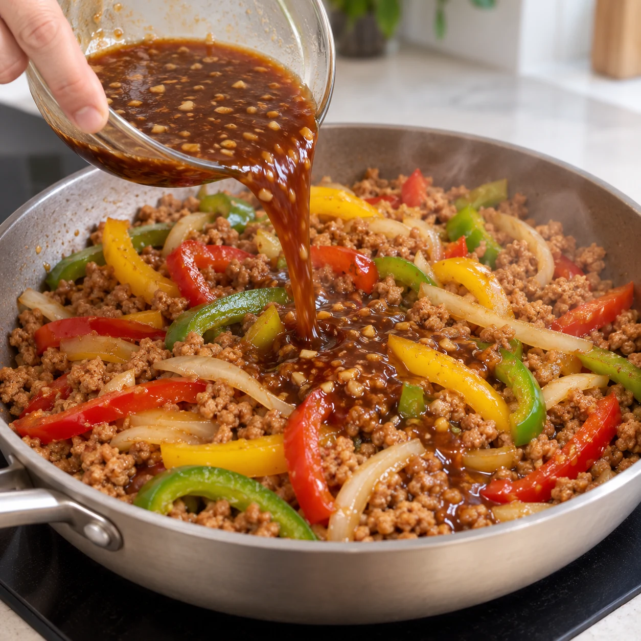 Verse la sauce au gingembre dans la poêle contenant le haché et les légumes. Résultat : La sauce est répartie autour du haché et des légumes.