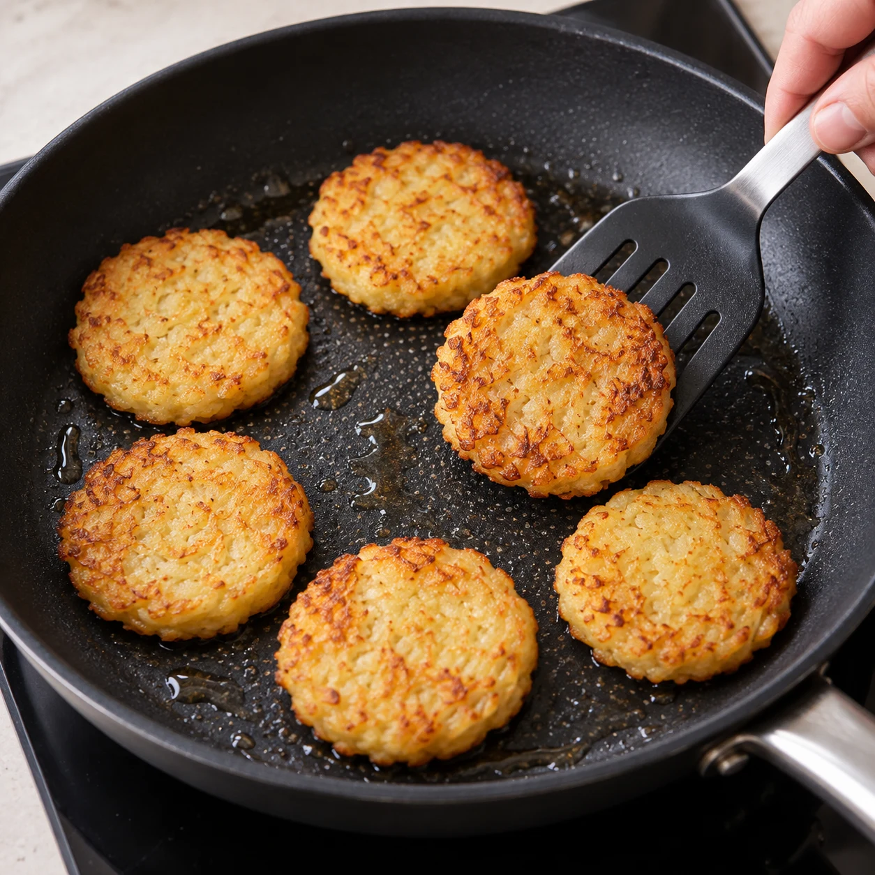 Petites galettes de pommes de terre dorées retournées dans une poêle noire.