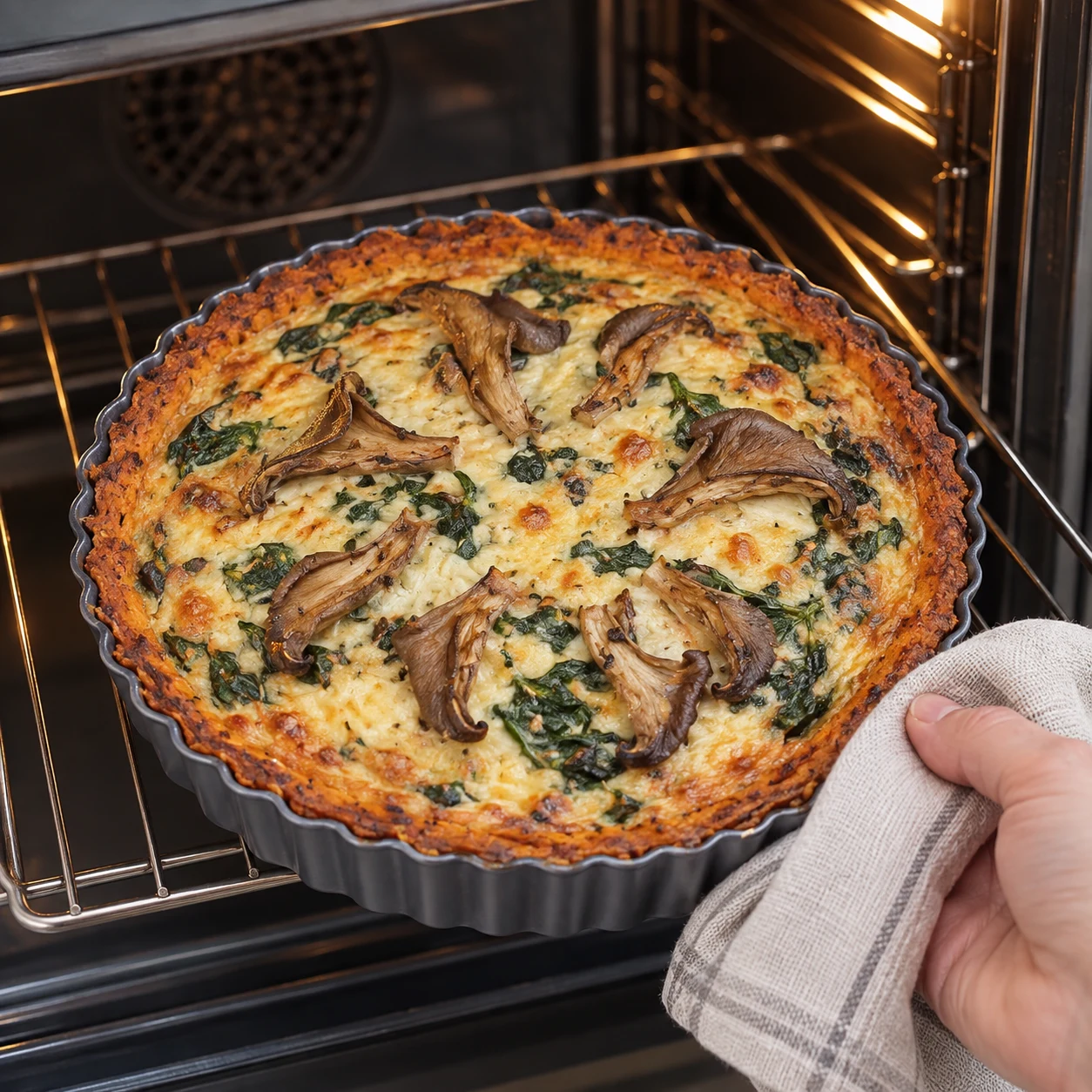 Quiche cuite à bord orange et surface crème prise, pleurotes dorés et légumes verts.