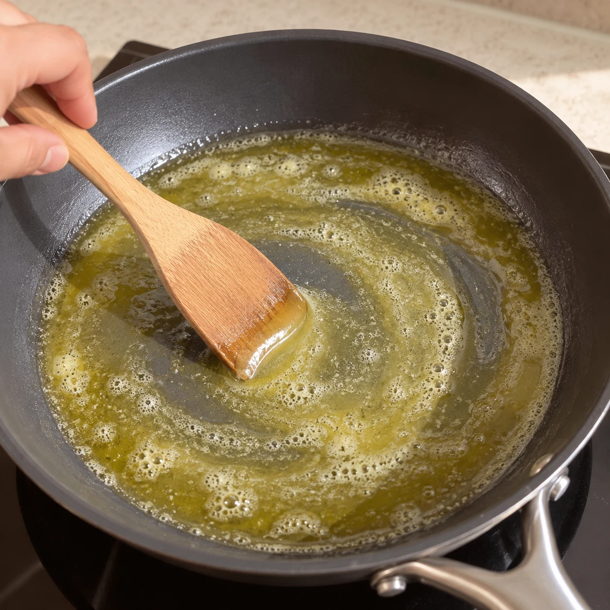 Faire fondre la margarine. La margarine est fondue et couvre le fond de la poêle. Une seule photographie carrée, geste et état conformes à la capture ; aucun ingrédient absent de cette étape.
