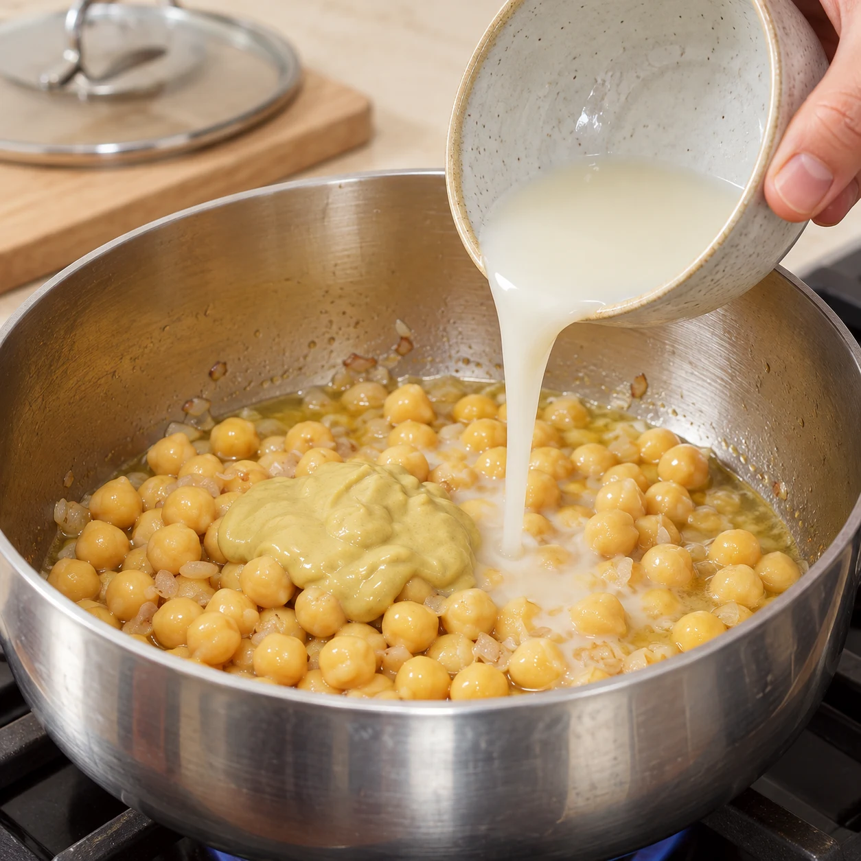 Petit bol incliné vers la casserole, filet de fécule délayée sur les pois chiches et la moutarde.