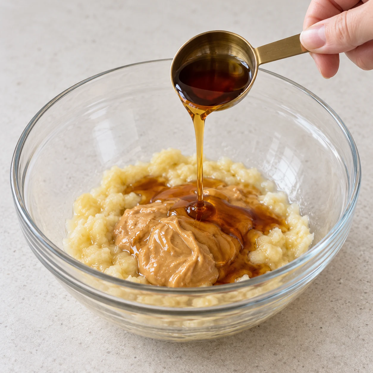 Si vous utilisez le sirop optionnel, versez 1 càs de sirop d’érable dans le saladier. Une seule phase, texture fidèle à la recette d’origine, plan de travail pierre pâle et vaisselle neutre ; mains anonymes seulement.