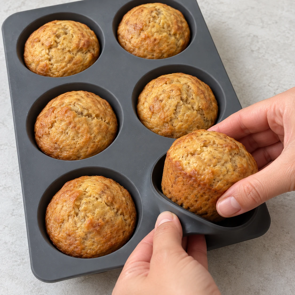 Des mains adultes anonymes démoulent un muffin, les autres muffins restent dans le moule gris.