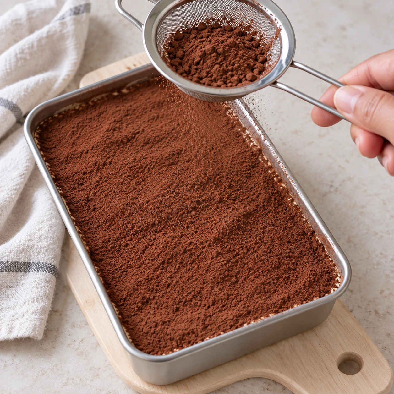 Petite passoire fine pleine de cacao en poudre tapotée au-dessus du moule en inox dont la crème se couvre de cacao brun.