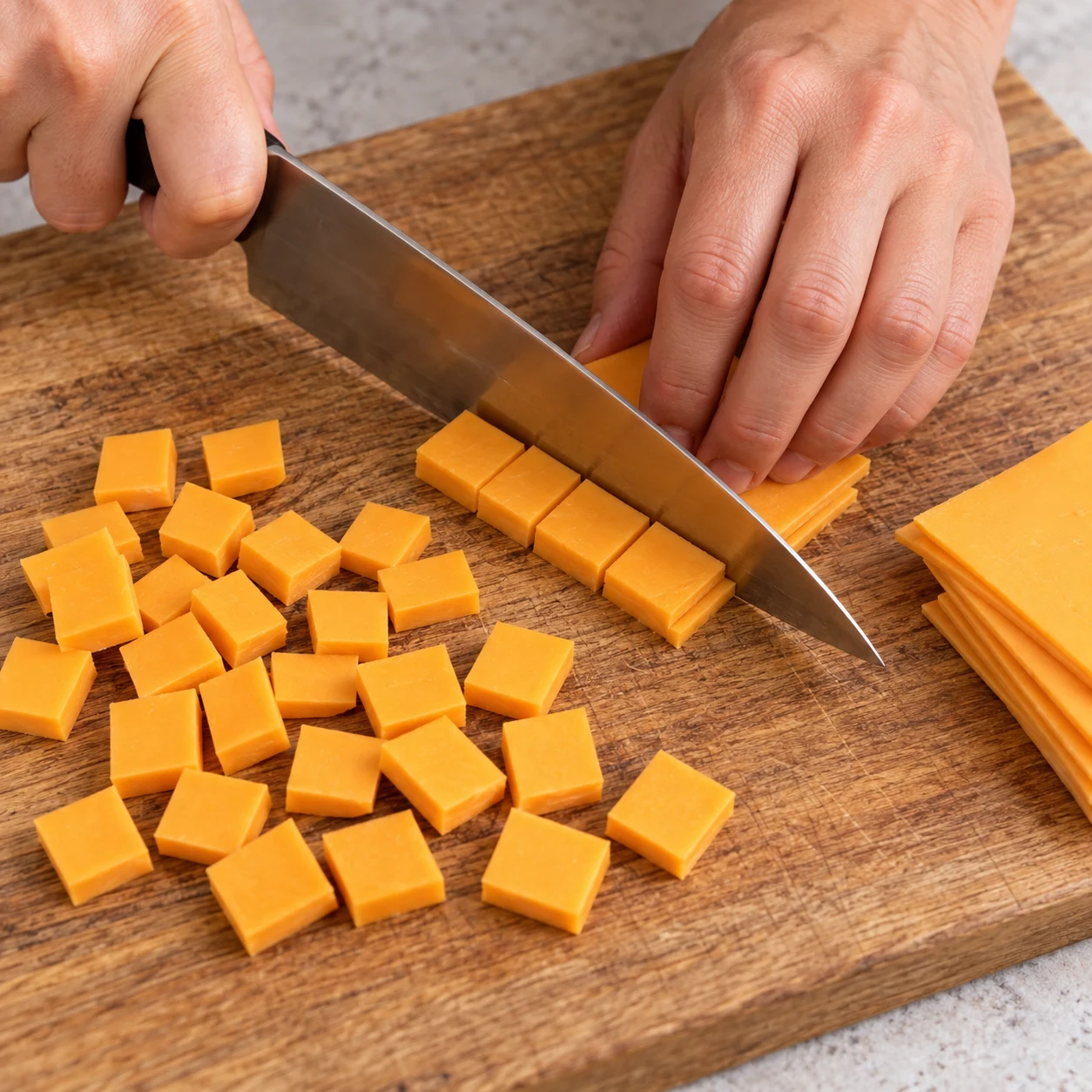 Découpe de tranches végétales orangées en petits carrés, aucune mozzarella blanche.