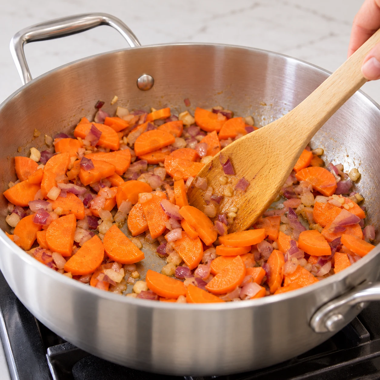 Demi-rondelles orange remuées avec oignon et ail dans la sauteuse.