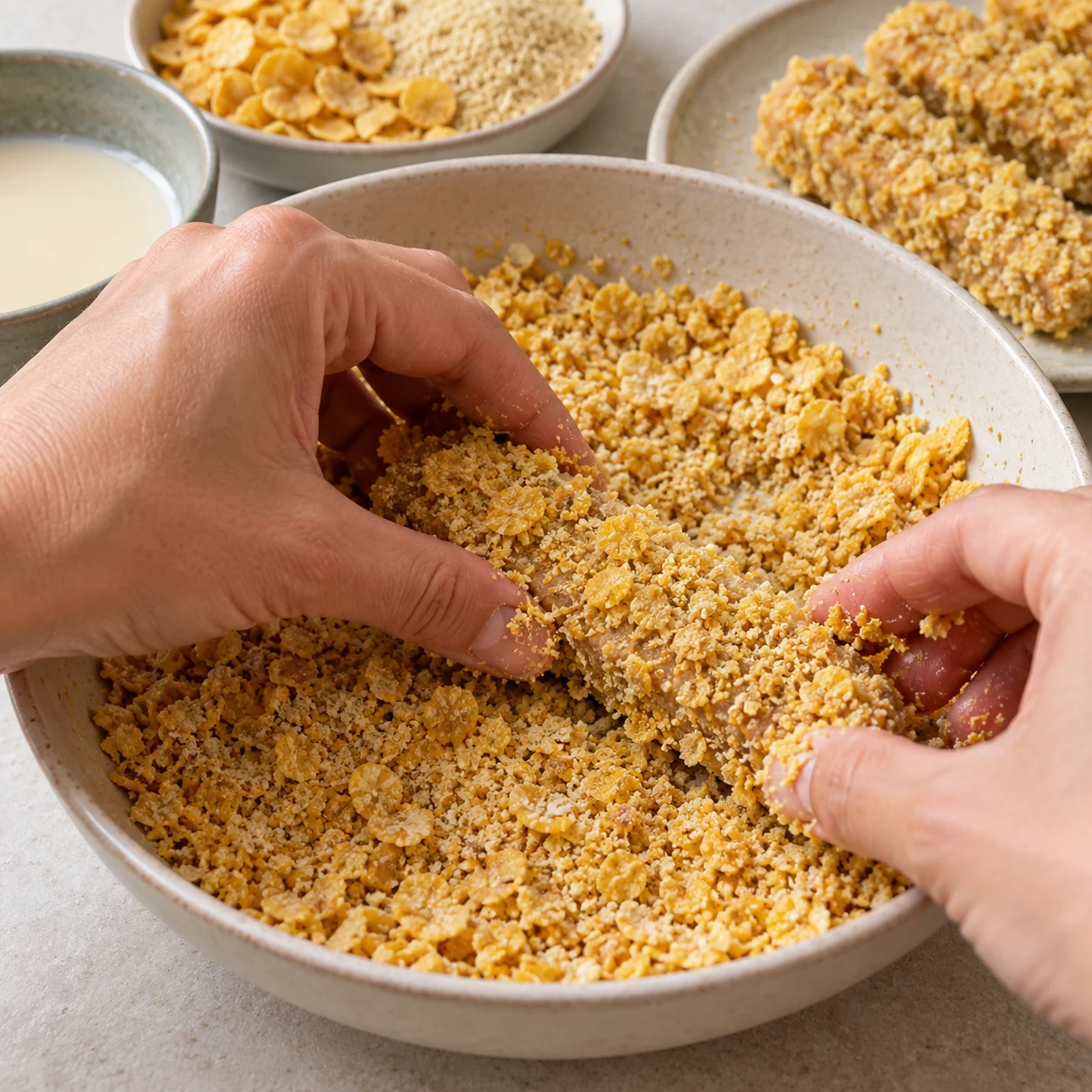 Passez chaque bâtonnet humidifié dans les miettes de corn flakes et de levure maltée ; pressez doucement pour les faire adhérer sur toutes les faces. Une seule phase de préparation. Gros plan carré sur les aliments et le geste ; mains adultes anonymes uniquement si nécessaire.