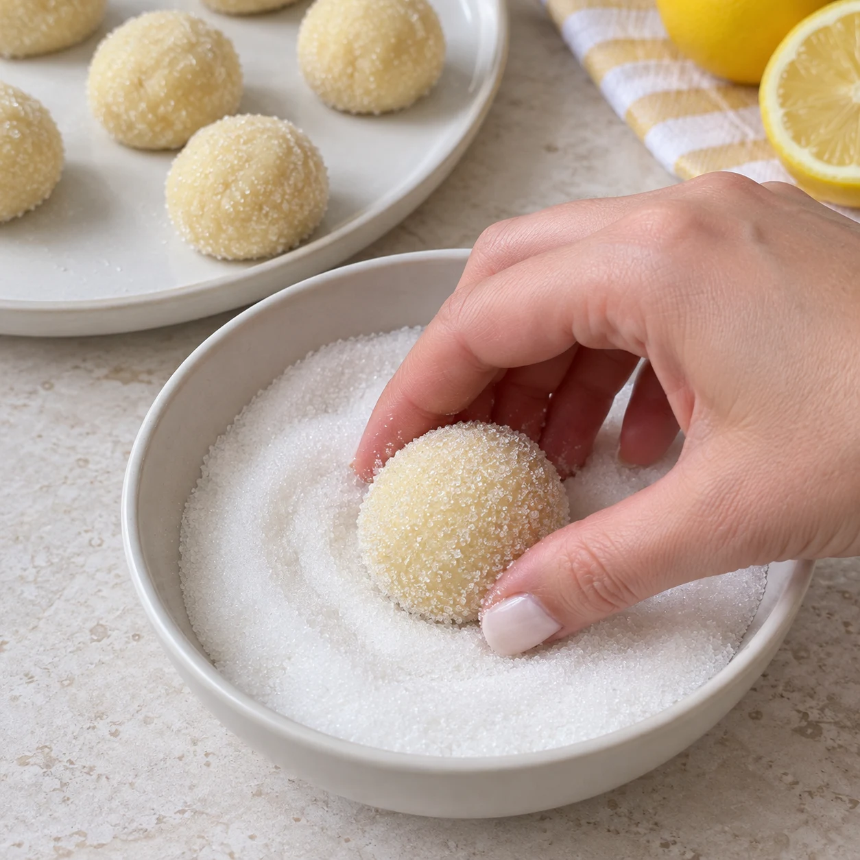 Main anonyme roulant une boule de pâte crue dans une couche de sucre blanc.
