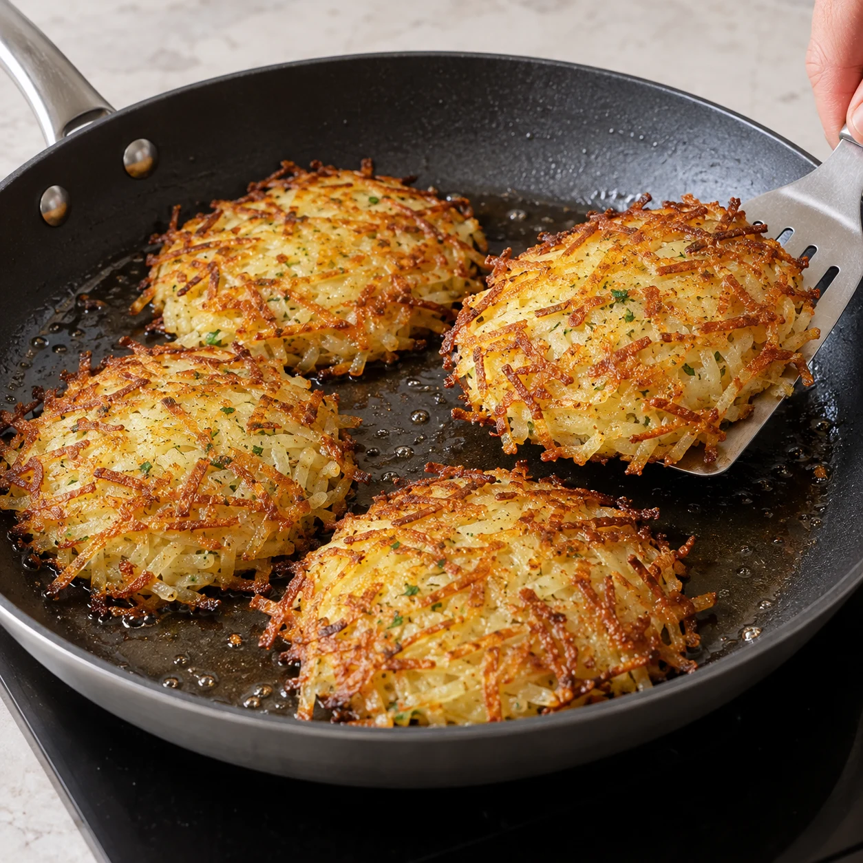 Petites galettes dorées de pommes de terre râpées terminant leur cuisson dans une poêle, filaments croustillants, sans accompagnement ajouté.
