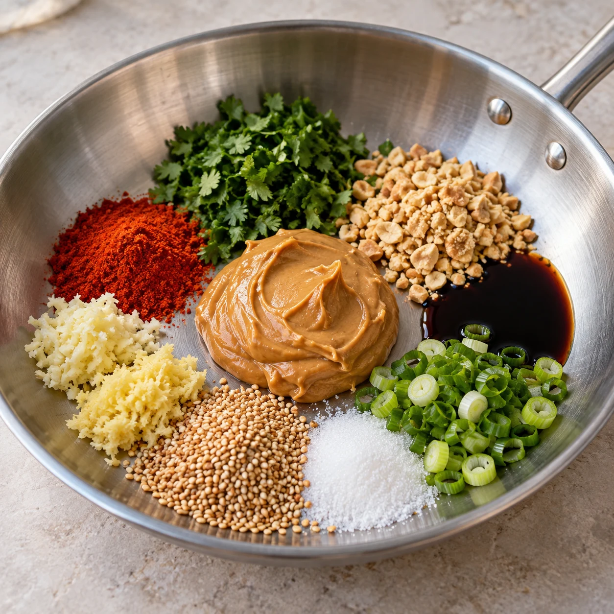 Ingrédients de sauce dans une poêle froide en acier, piment doux rouge en poudre, aucun flocon de piment.