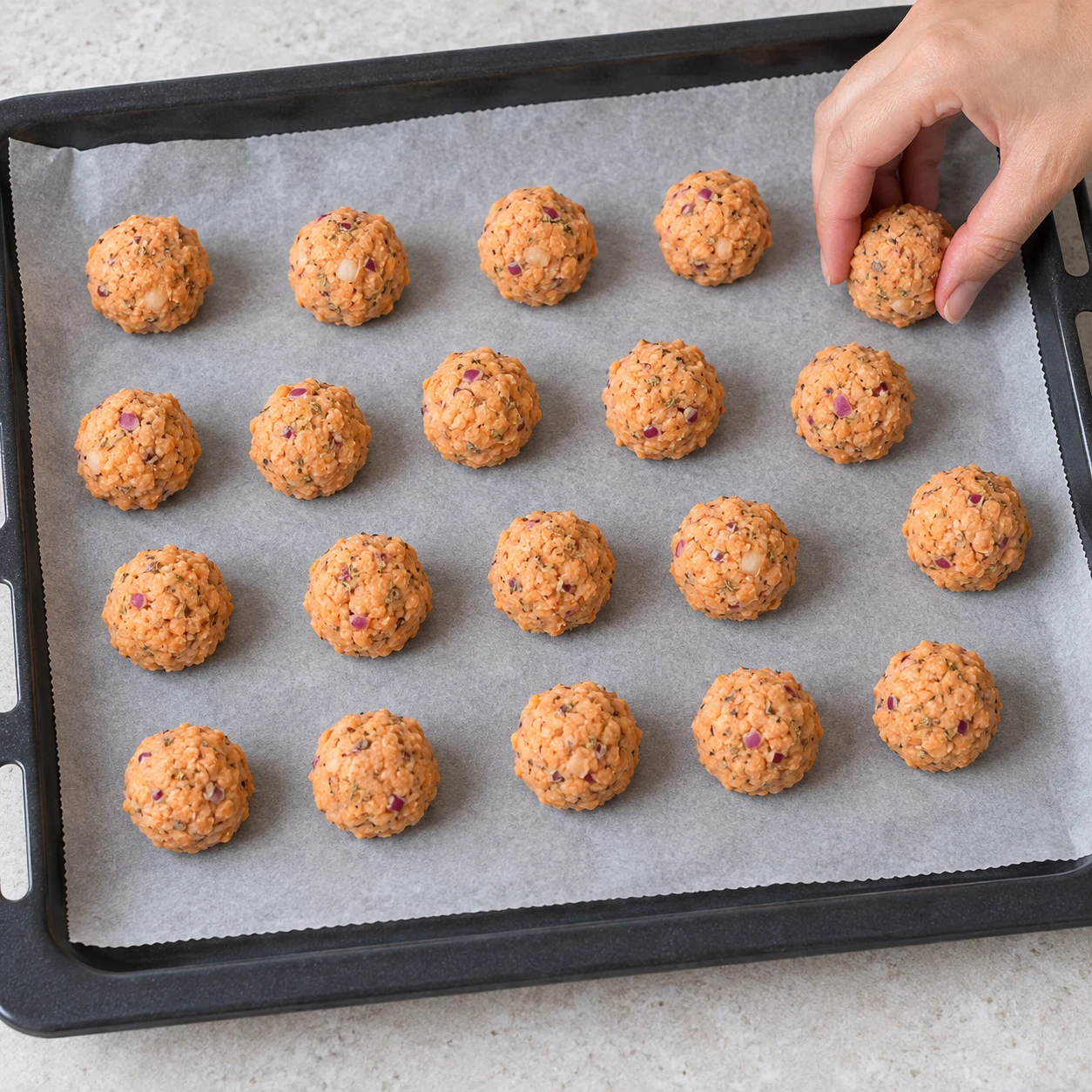Former 22 falafels : Façonnez 22 petits falafels avec la pâte et déposez-les sur une plaque recouverte de papier cuisson. Résultat visible : Les 22 petits falafels se tiennent séparément sur le papier cuisson. Une seule photo carrée de cette phase exacte ; aucun dip, garniture ou ingrédient futur.