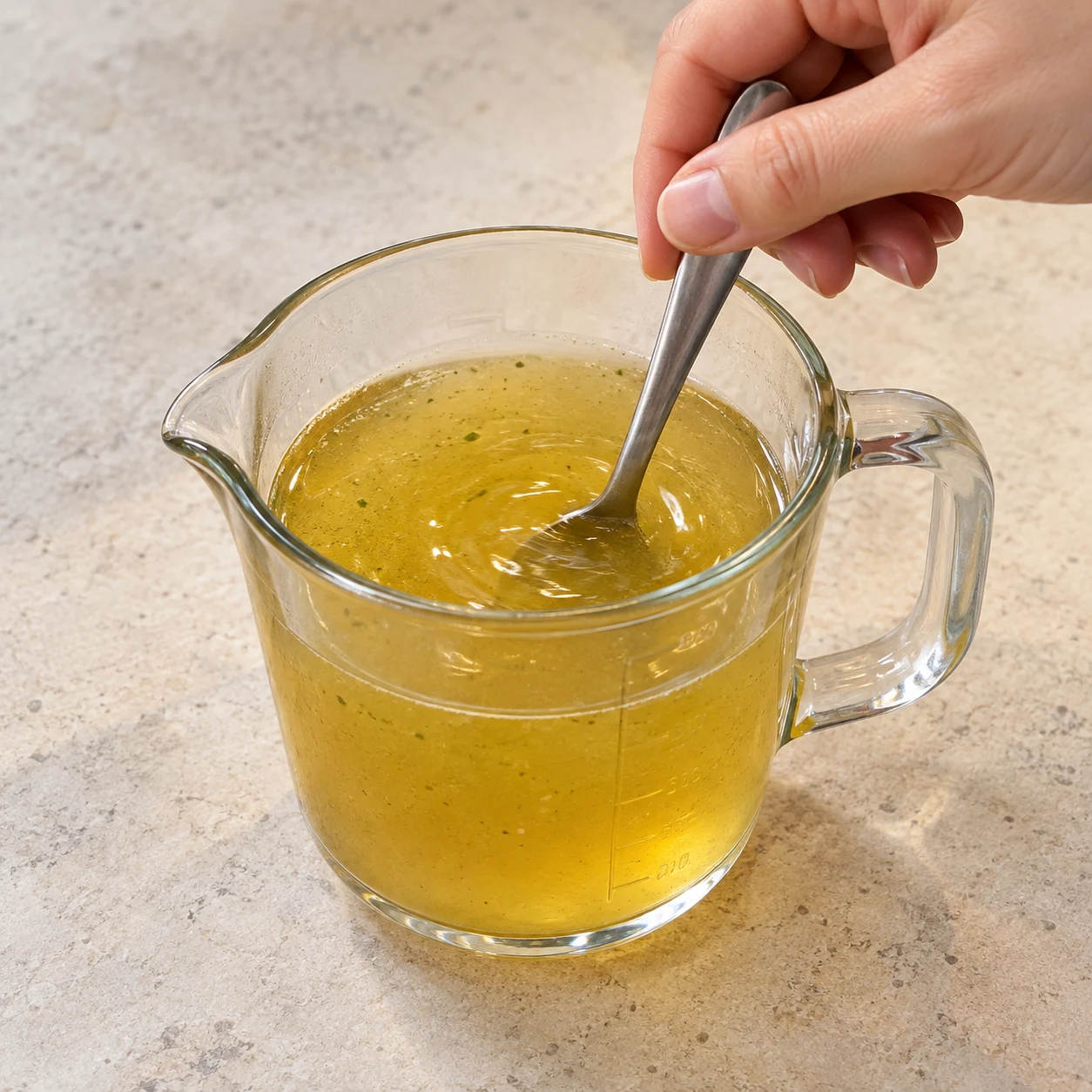Un petit récipient de bouillon liquide clair, cuillère délayant la poudre dans l’eau.