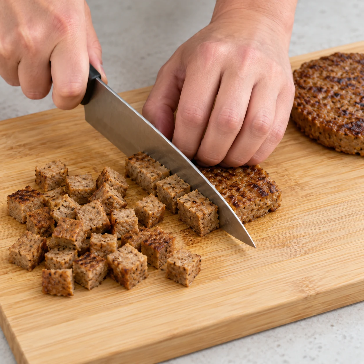 Mains anonymes découpant un steak végétal brun en cubes sur une planche, prise en griffe sûre.