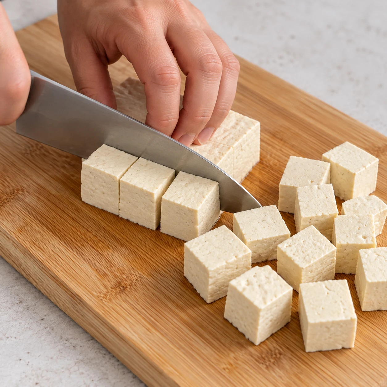 Coupe les 500 g de tofu ferme en dés sur une planche stable. Une seule phase, sans texte ni personne identifiable. Pour la variante, montrer du tofu émietté et jamais des granulés secs, du doubanjiang ou des baies de Sichuan.