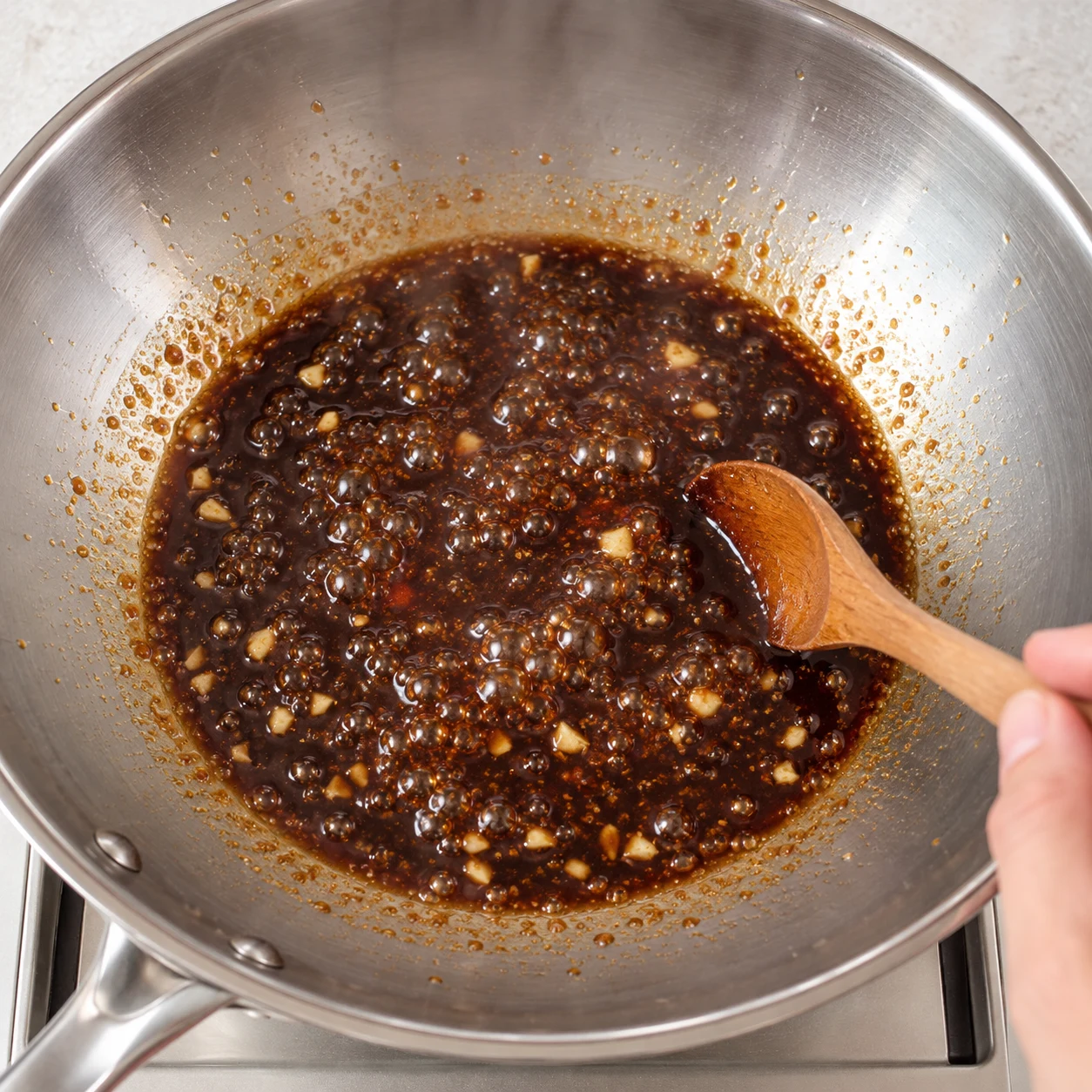 Petits bouillons dans une sauce foncée encore liquide avec ail, sans chou-fleur.