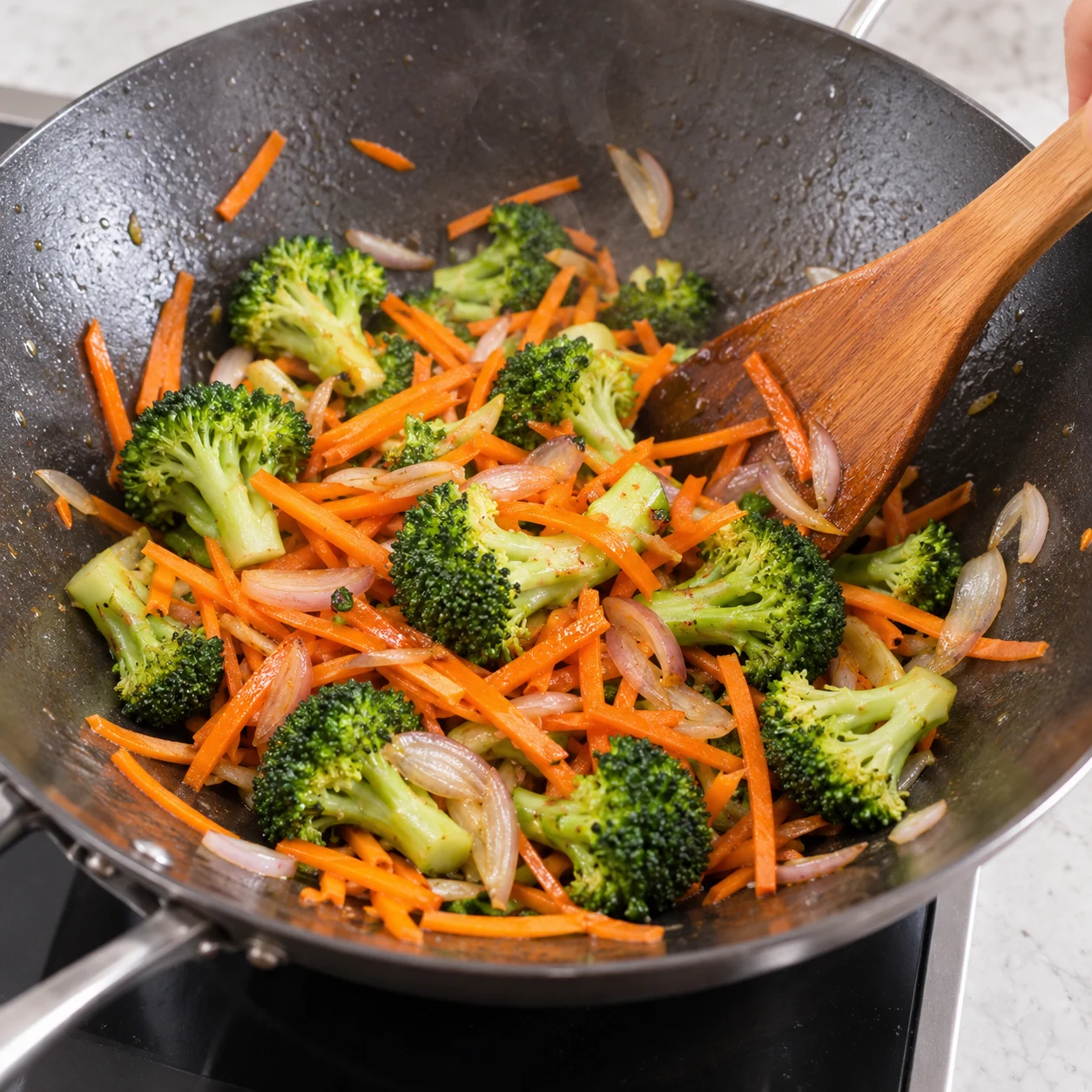 Faites revenir le brocoli, la carotte et les échalotes dans le wok avec 1 càs d’huile de tournesol, en mélangeant souvent pendant 7 à 8 minutes.