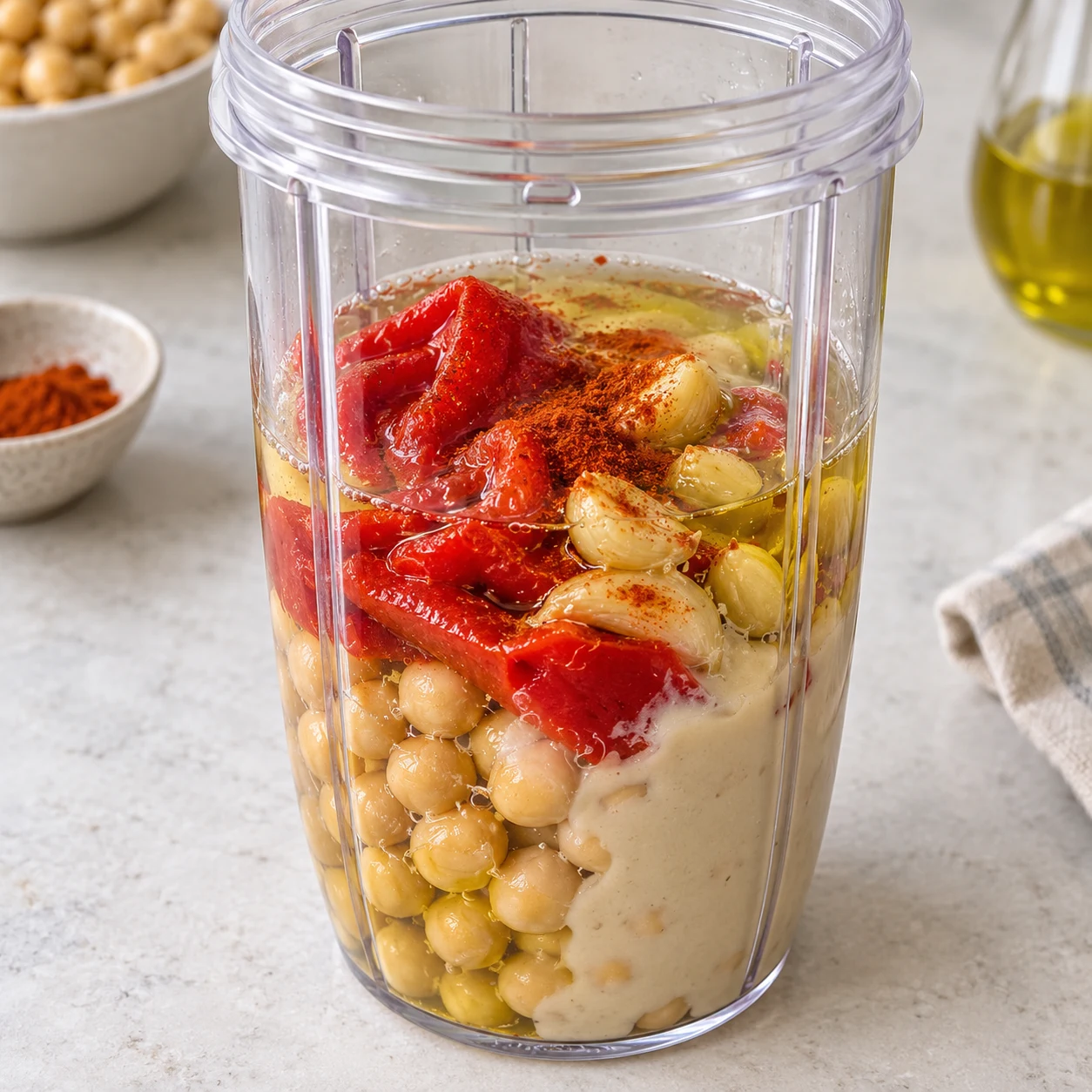 Bol transparent de mixeur contenant des pois chiches cuits, tahini beige, poivron rouge pelé, ail rôti, huile d’olive, jus de citron, eau froide et paprika ; aucun glaçon ni garniture finale.