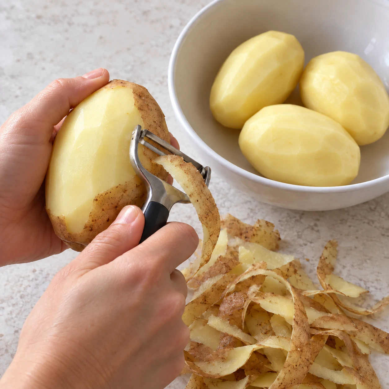 Pommes de terre en cours d’épluchage avec un économe, mains anonymes, chair pâle et pelures séparées.