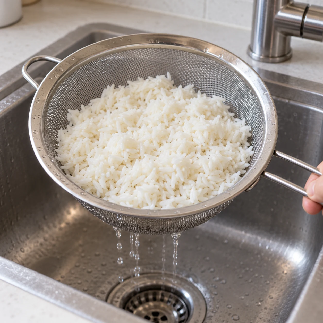 Riz blanc cuit égoutté dans une passoire fine sur l’évier, aucune sauce.