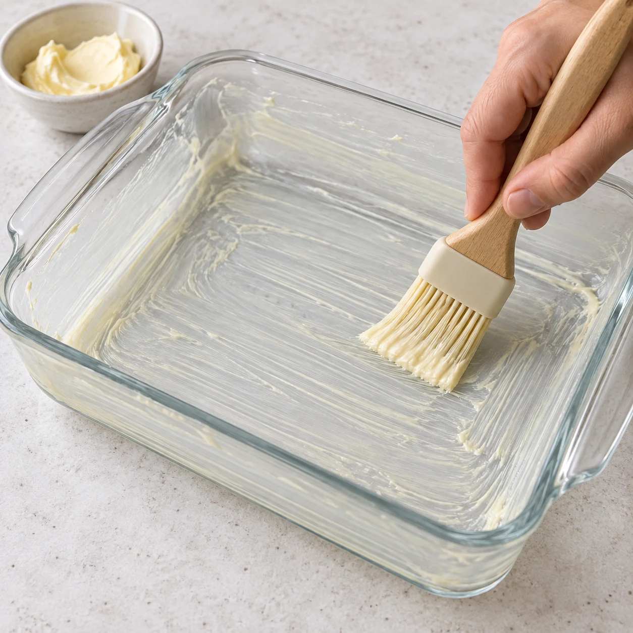 Main anonyme graissant un moule rectangulaire avec de la margarine végétale.
