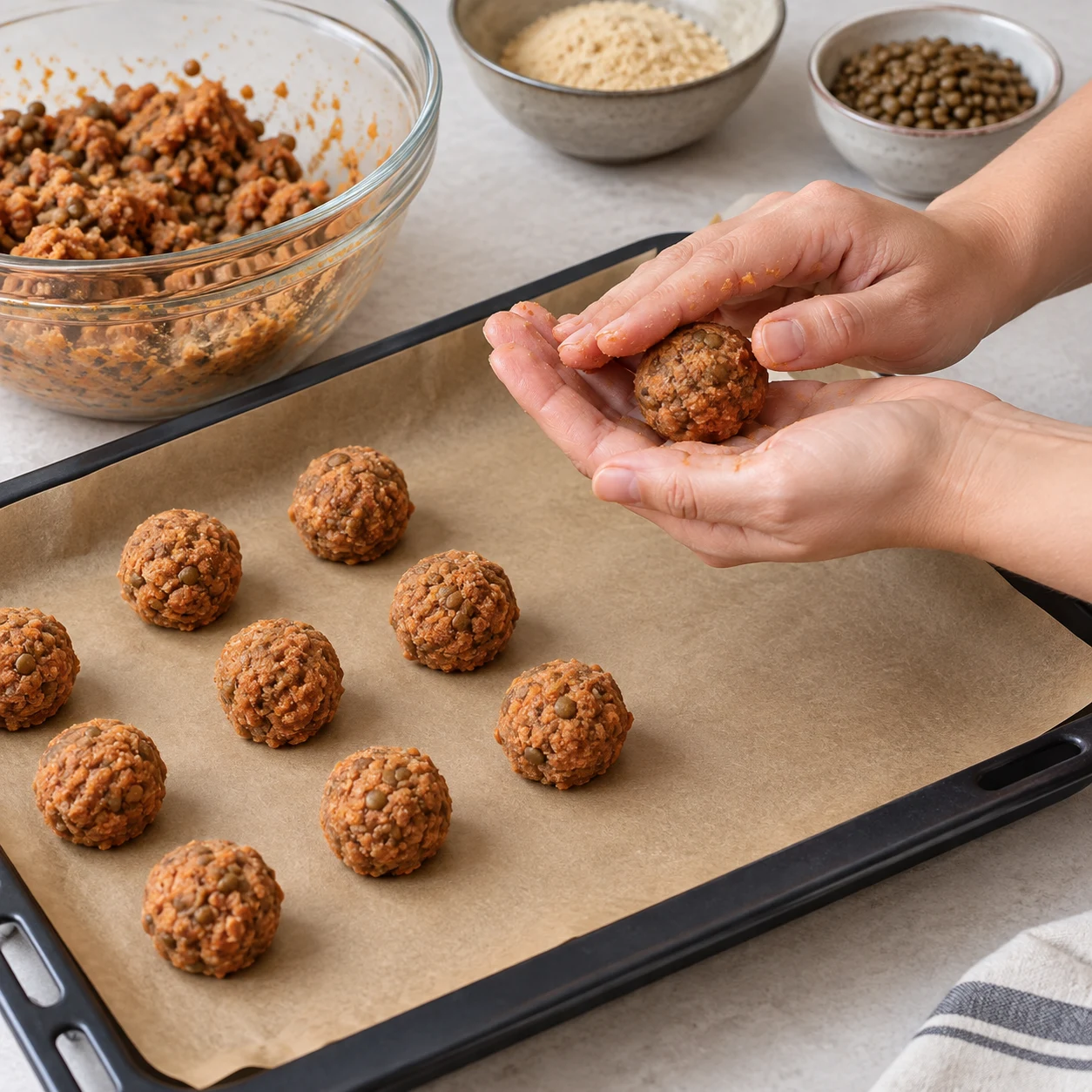 Former les boulettes : Forme de petites boulettes avec le mélange et dispose-les sur une plaque couverte de papier cuisson.