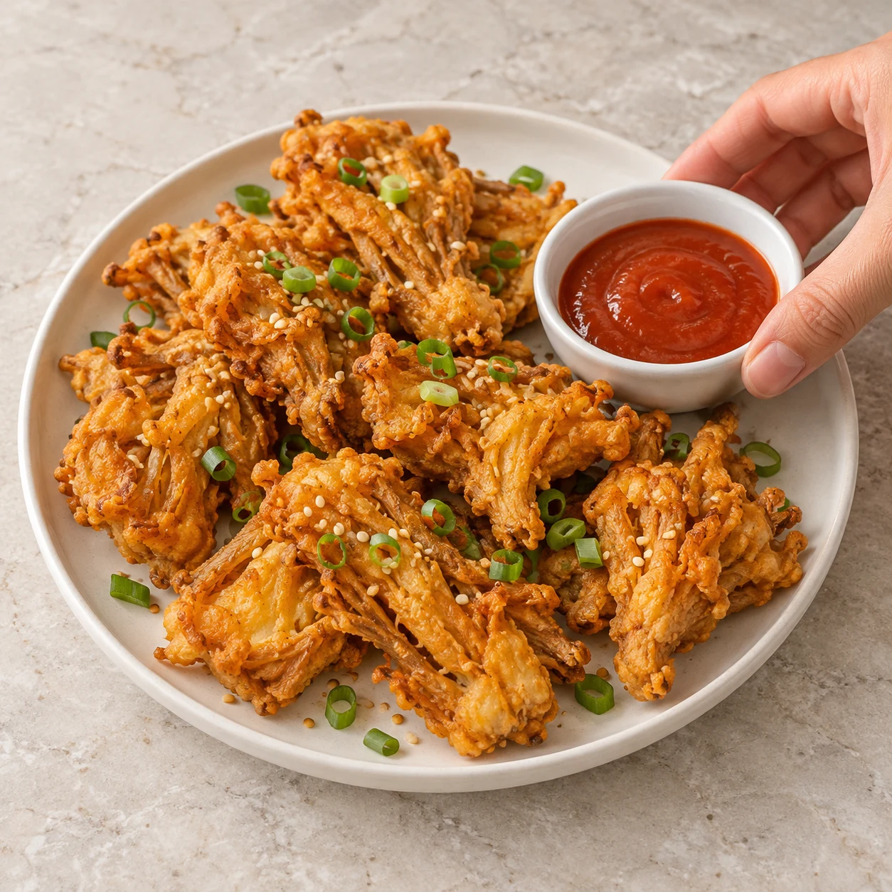 Plat de nuggets de pleurotes croustillants, cébette et sésame, petit bol de sauce sriracha rouge.