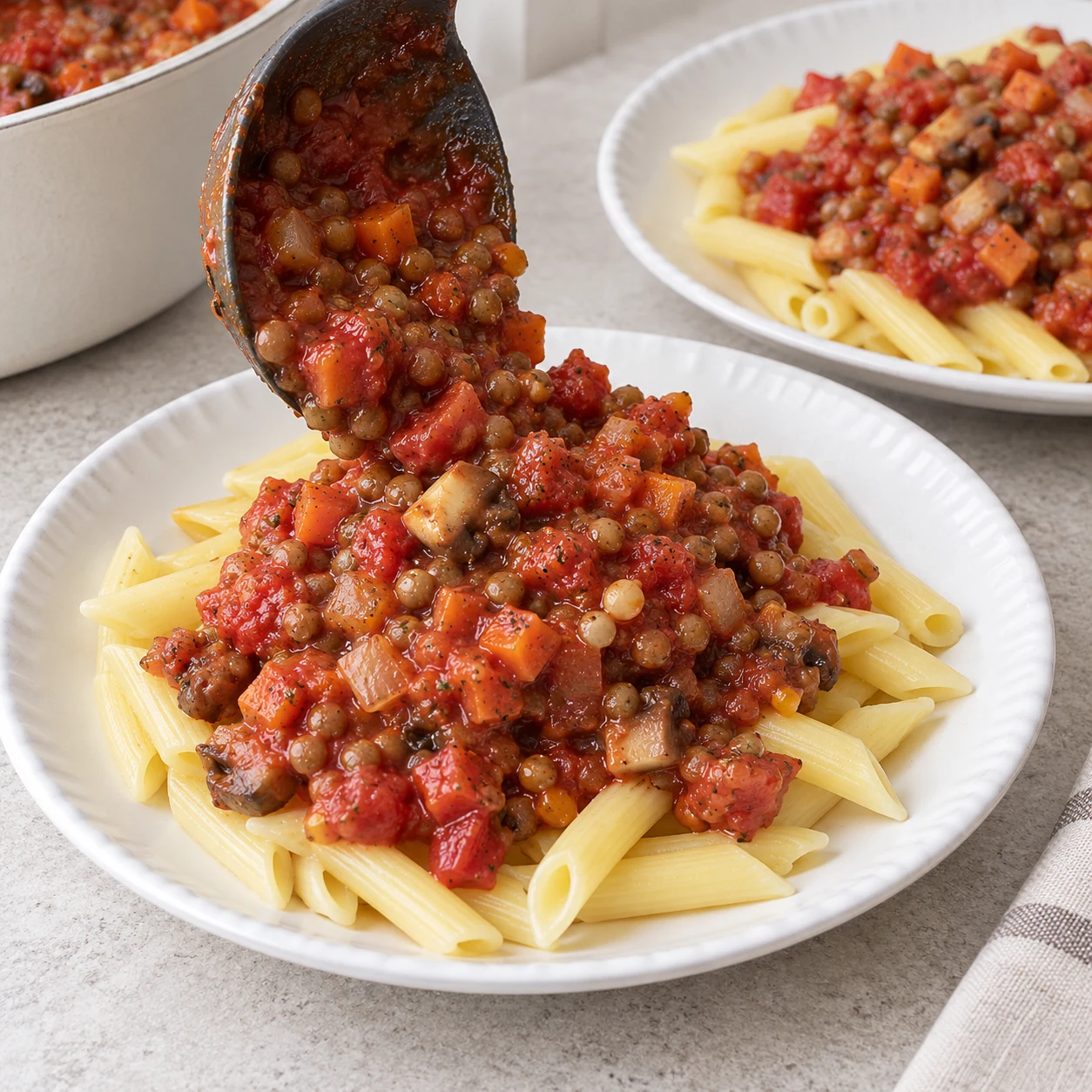 Sauce versée sur les penne, lentilles et petits dés visibles ; sans levure ni basilic à ce stade.