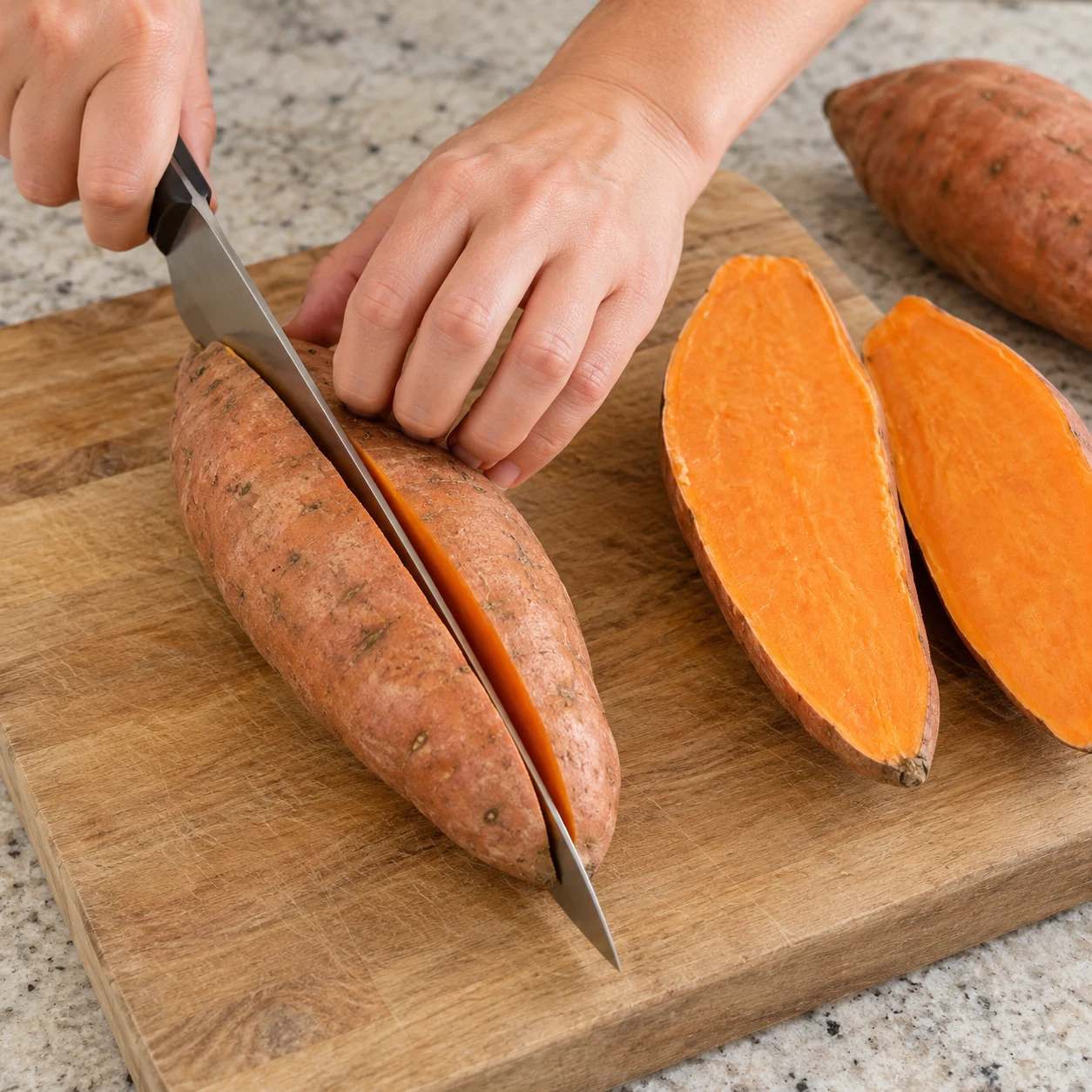 Mains anonymes coupant une patate douce crue en deux dans la longueur, couteau et doigts en griffe sur planche stable.
