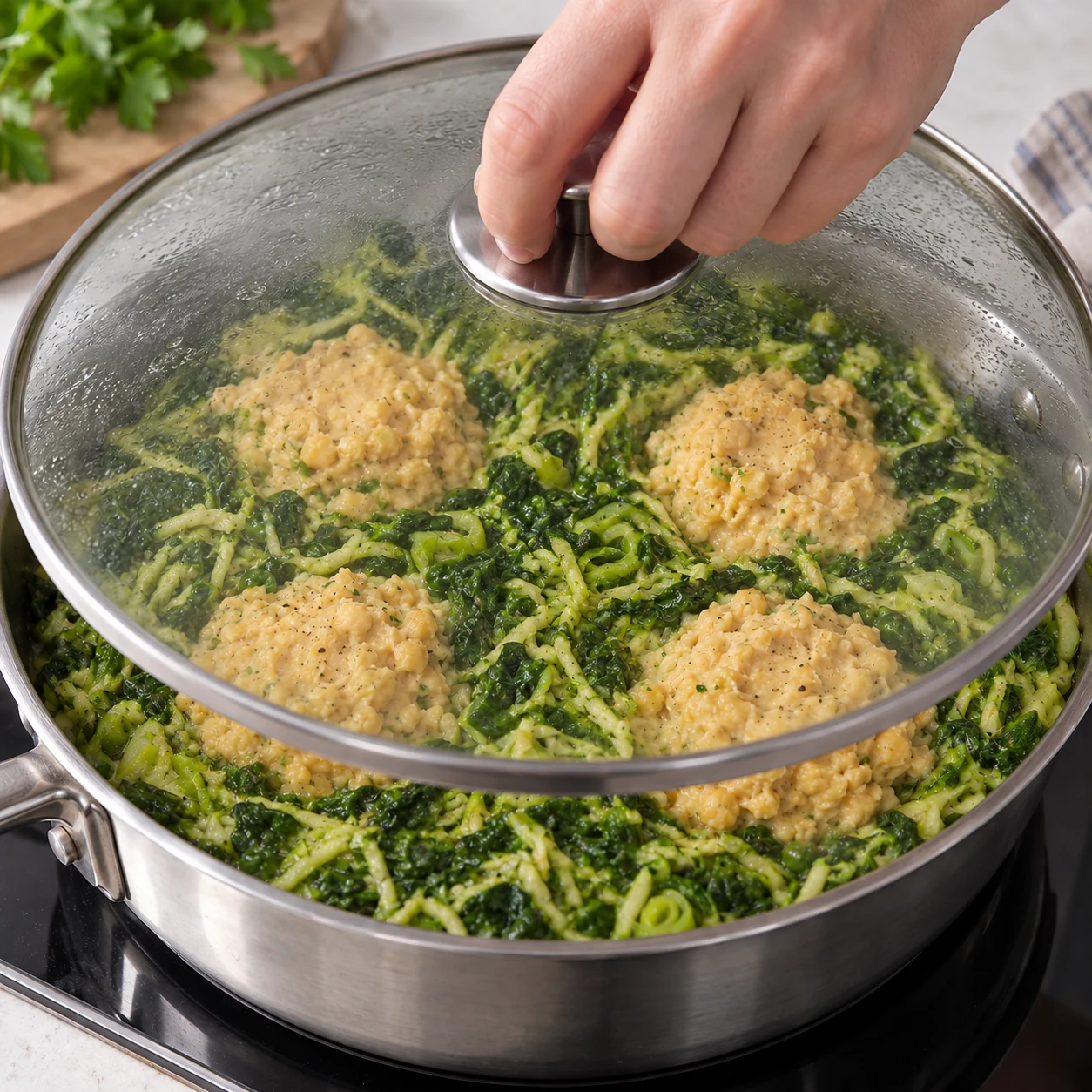 Réchauffer les pois chiches à couvert. Les quatre portions sont chaudes au centre et restent crémeuses.. Une seule action, cadrage carré, mains anonymes seulement si nécessaires. Aucun œuf, aucune farine, aucun jaune coulant, aucune gousse de pois ; pois chiches cuits écrasés, beige mat et légèrement granuleux.