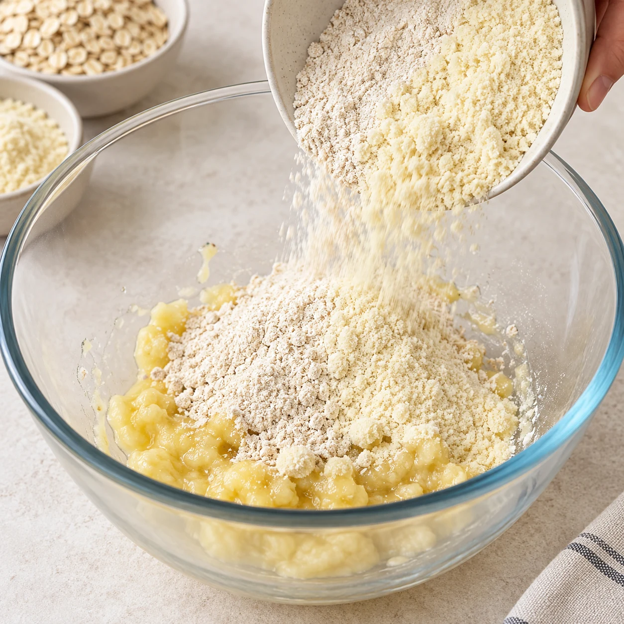 Poudre claire versée sur la purée de banane dans un saladier.