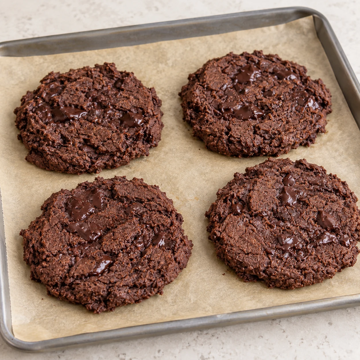 Quatre cookies chocolat cuits refroidissant sur plaque, surface rustique dense et morceaux de chocolat, sans mains.