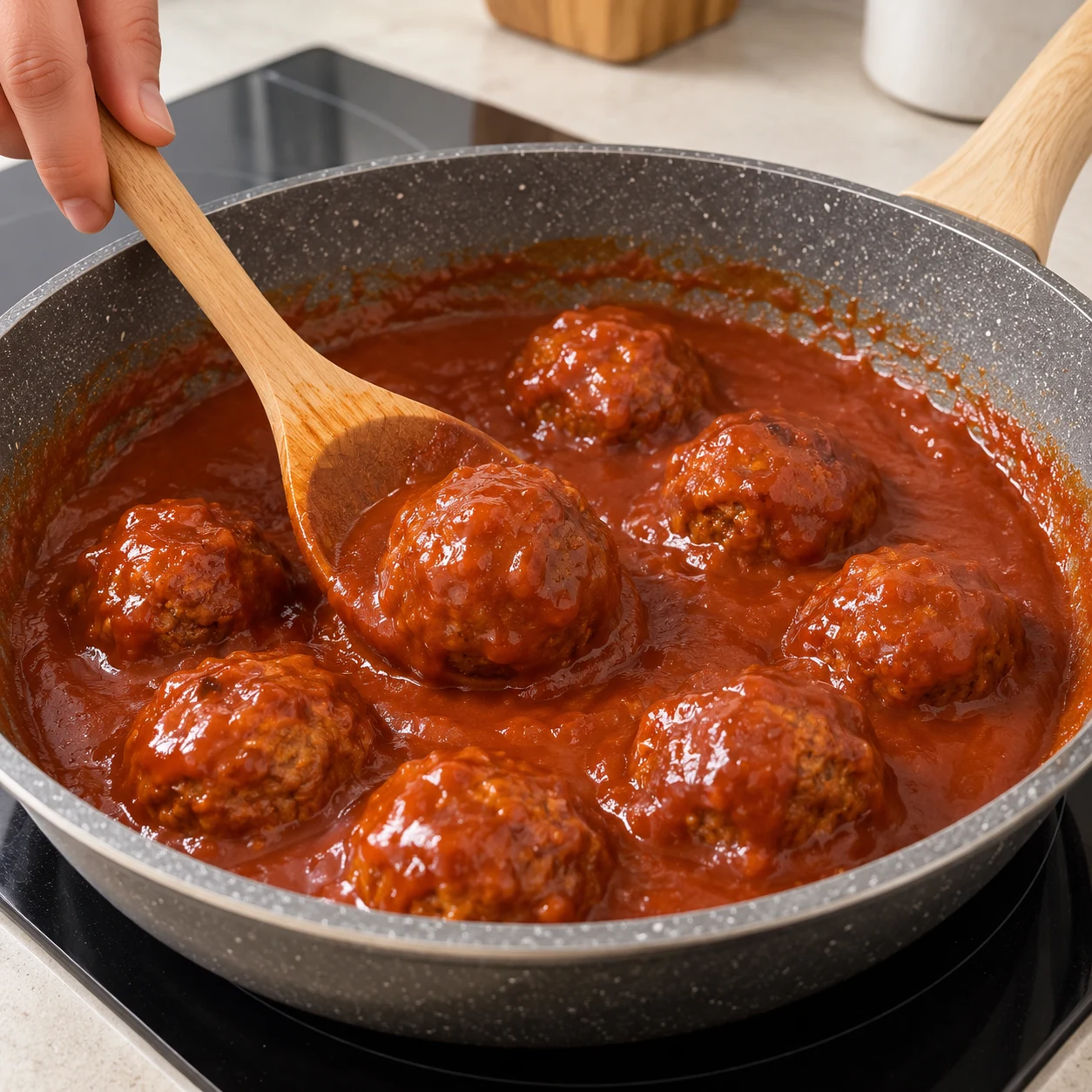Napper les boulettes : Ajoute les boulettes cuites dans la poêle et enrobe-les bien de sauce.