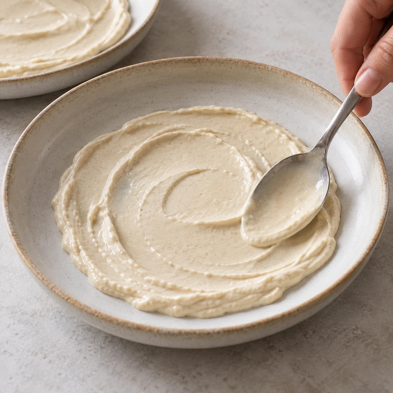 Cuillère étalant une crème au tahin beige pâle au fond d’une assiette neutre.