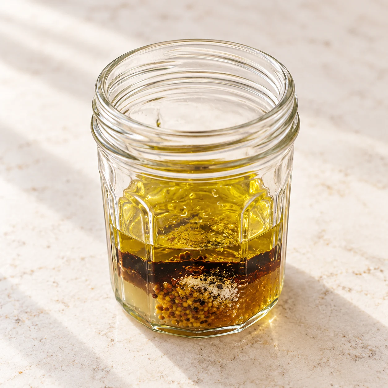 Bocal ouvert avec huile dorée, vinaigre sombre, jus de citron, moutarde en grains, sirop, sel et poivre; des couches encore distinctes.