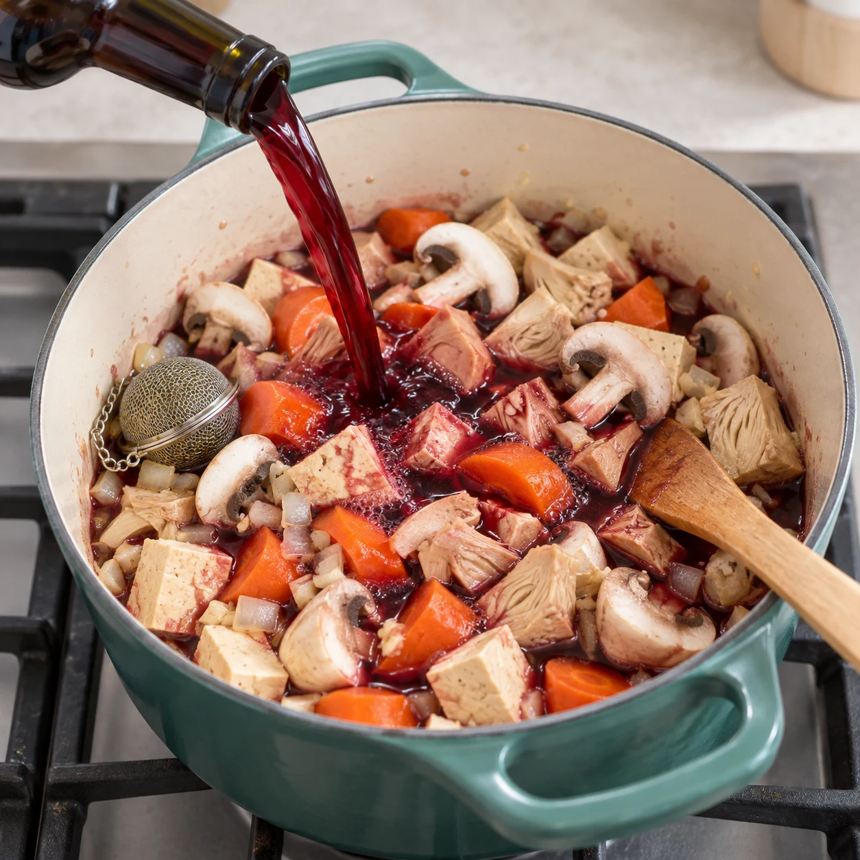 Verse les 500 ml de vin rouge dans le faitout. Montrer seulement les ingrédients présents à cette étape, fidèles à la capture source, dans un cadre de livre de cuisine neutre sans visage, texte ni marque. Adaptation validée : représenter des champignons de Paris blancs et une boule à épices contenant les herbes de Provence, uniquement lorsqu’ils sont présents dans cette étape.