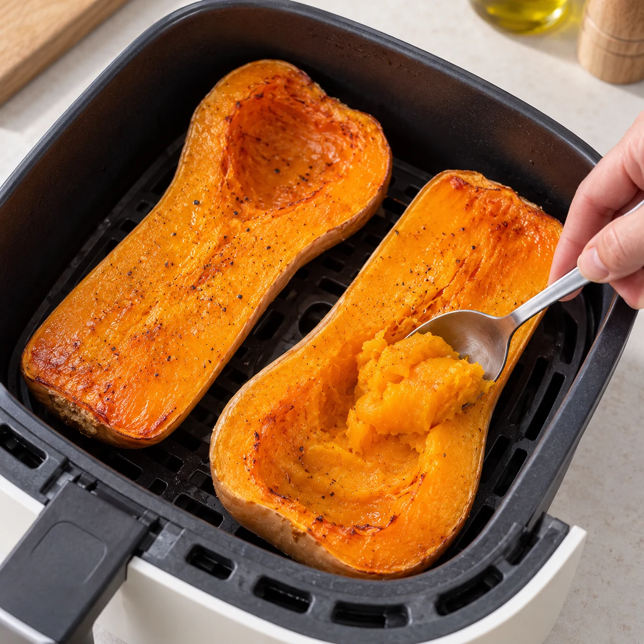 Fais cuire les deux moitiés dans la friteuse à air environ 20 minutes à 180 °C. Vérifie que la chair cède facilement à la cuillère.