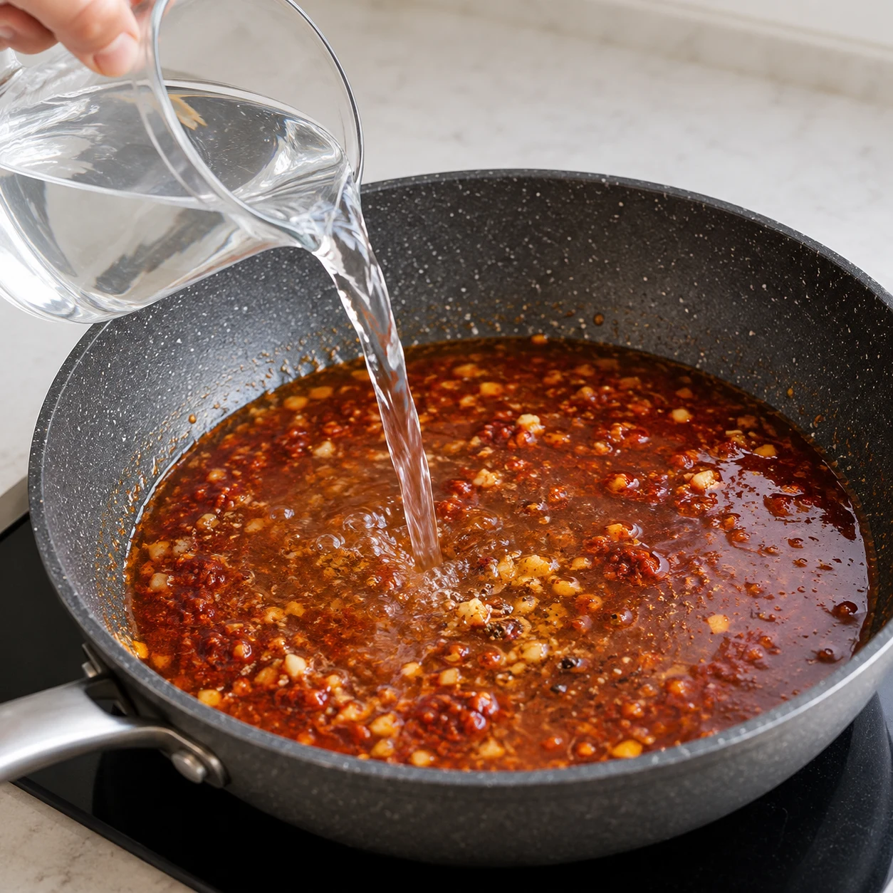 Verse les 400 ml d’eau dans la poêle. Une seule phase, sans texte ni personne identifiable. Pour la variante, montrer du tofu émietté et jamais des granulés secs, du doubanjiang ou des baies de Sichuan.