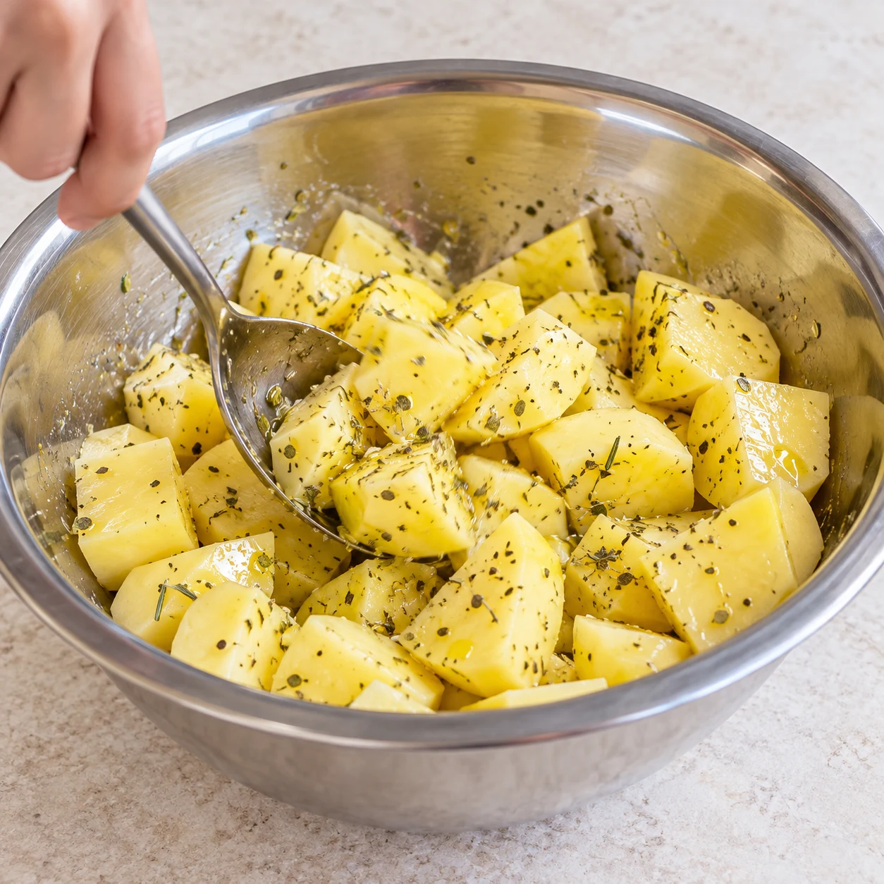 Main anonyme mélangeant pommes de terre crues huilées et herbes dans un saladier métallique.